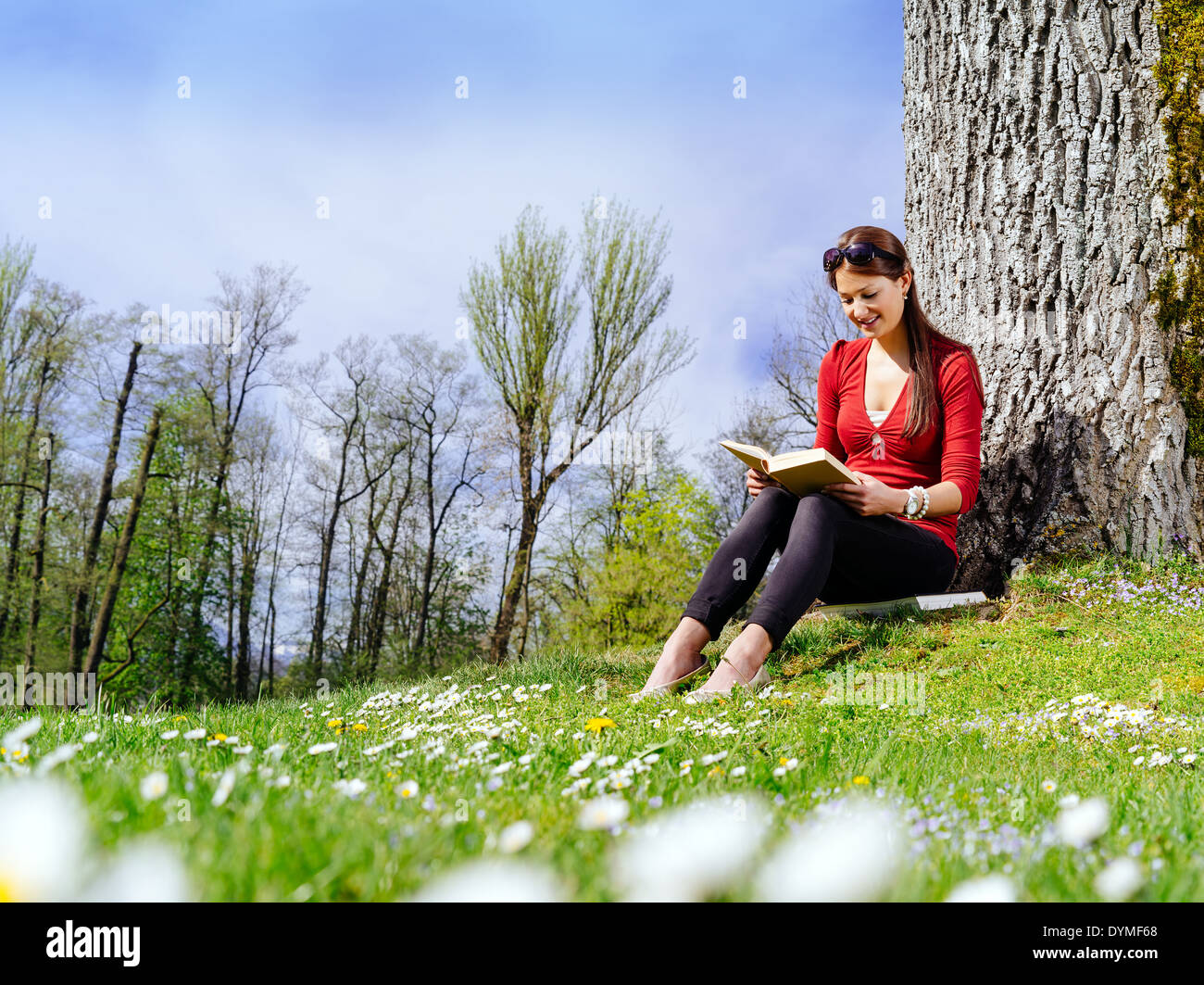 Foto di una giovane e bella donna leggendo un libro seduto contro un albero in primavera. Foto Stock