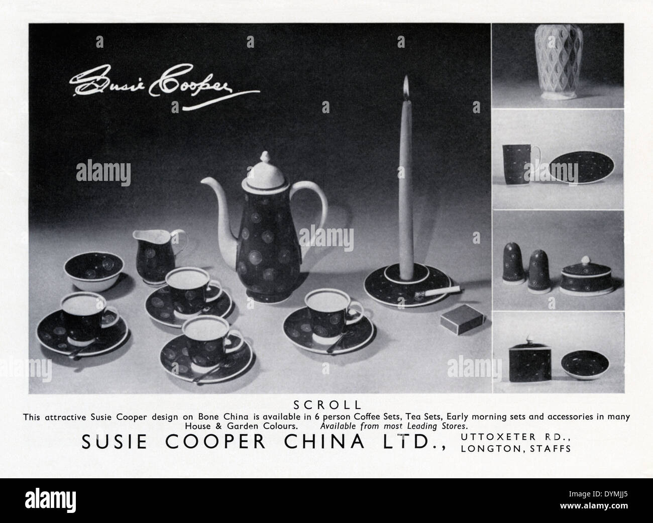 Vecchio spot per Susie Cooper bone china. L'annuncio apparso in una rivista nel 1956 Foto Stock