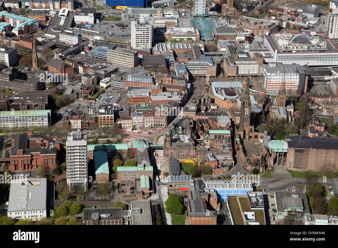 Vista aerea di Coventry City center inclusi St Michael's Cathedral Foto Stock