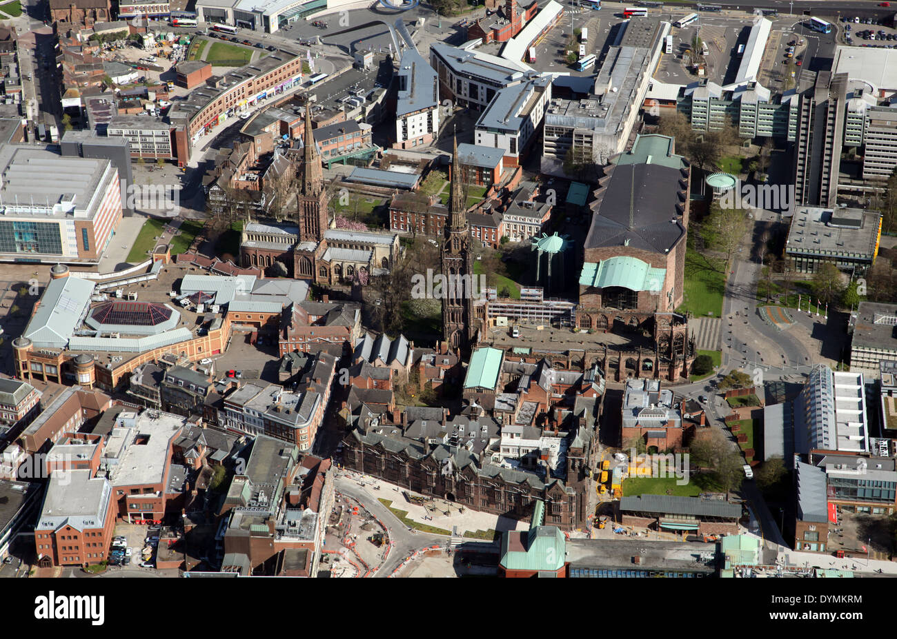 Vista aerea di Coventry City center inclusi St Michael's Cathedral Foto Stock
