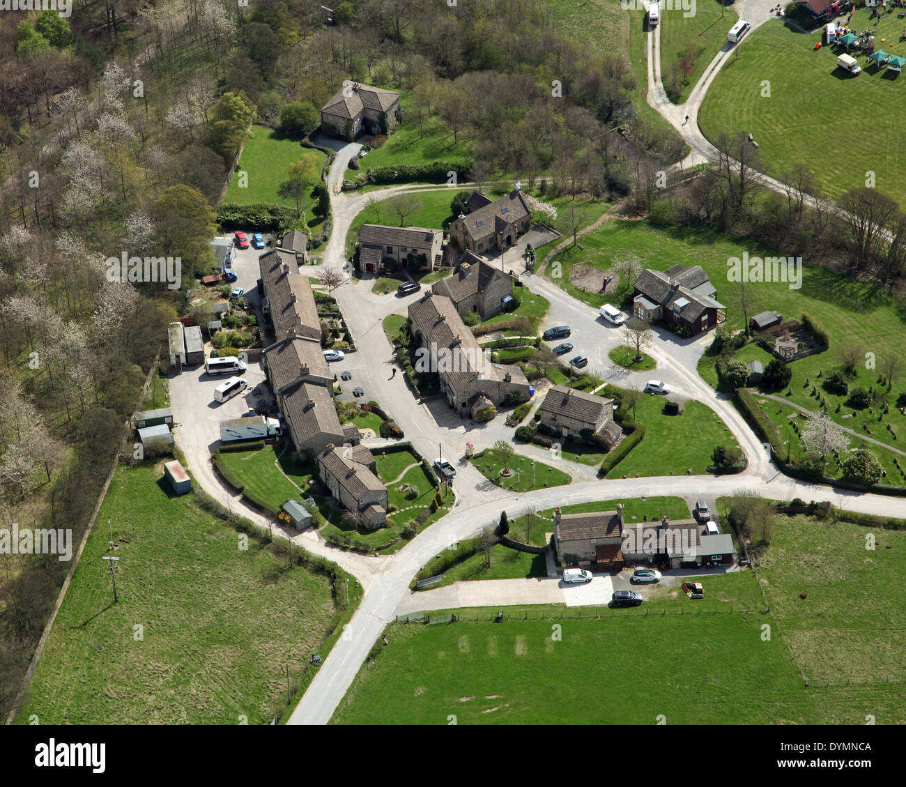 Vista aerea del villaggio fittizio di Emmerdale nello Yorkshire, Regno Unito Foto Stock