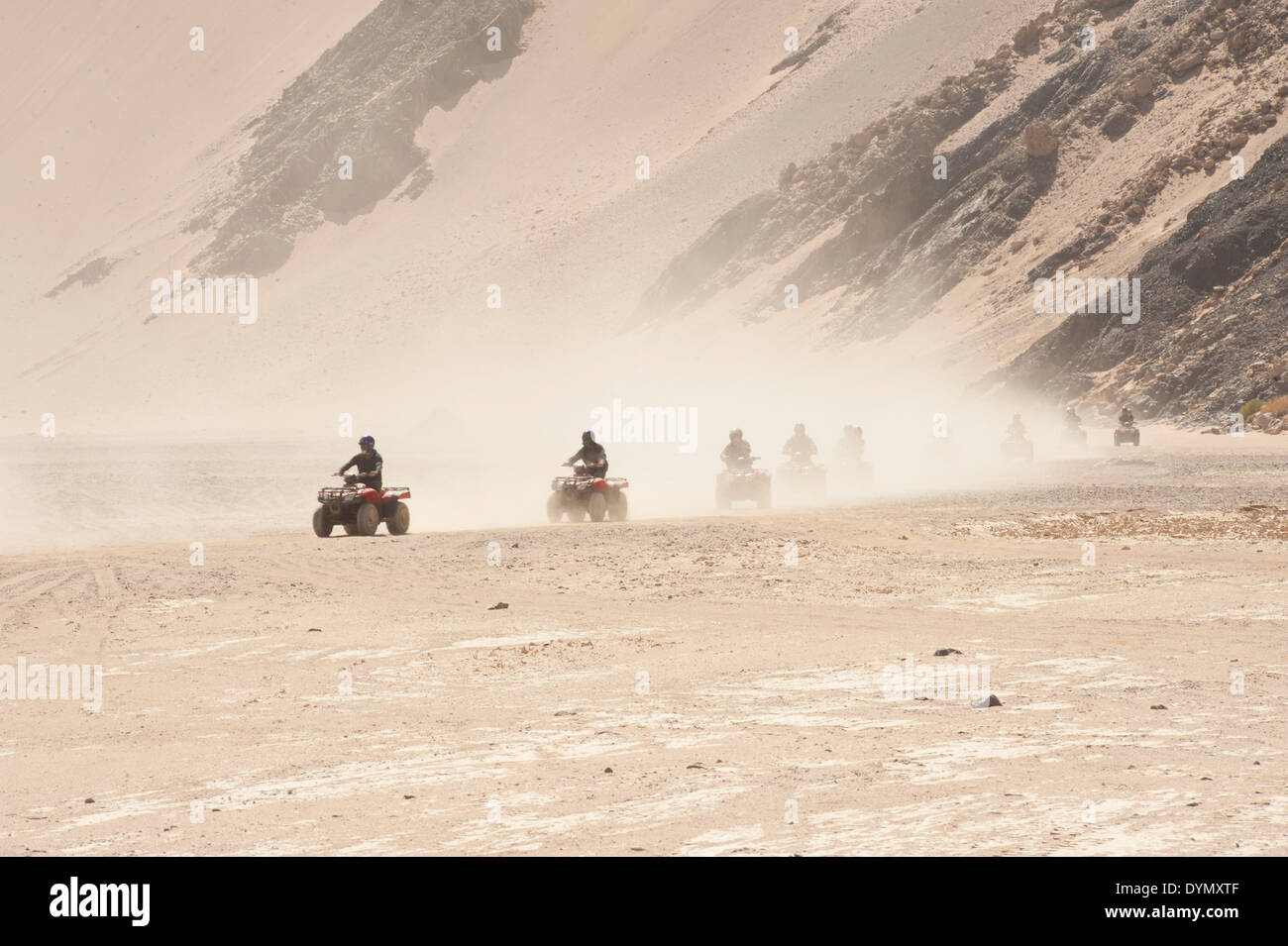 Gruppo di quad bikes facendo safari nel deserto attraverso un arido paesaggio arido con una nube di polvere Foto Stock