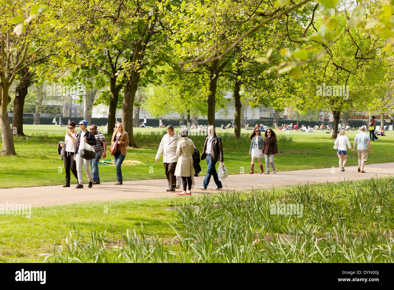 La gente camminare nel parco verde in primavera, Londra SW1 REGNO UNITO Foto Stock