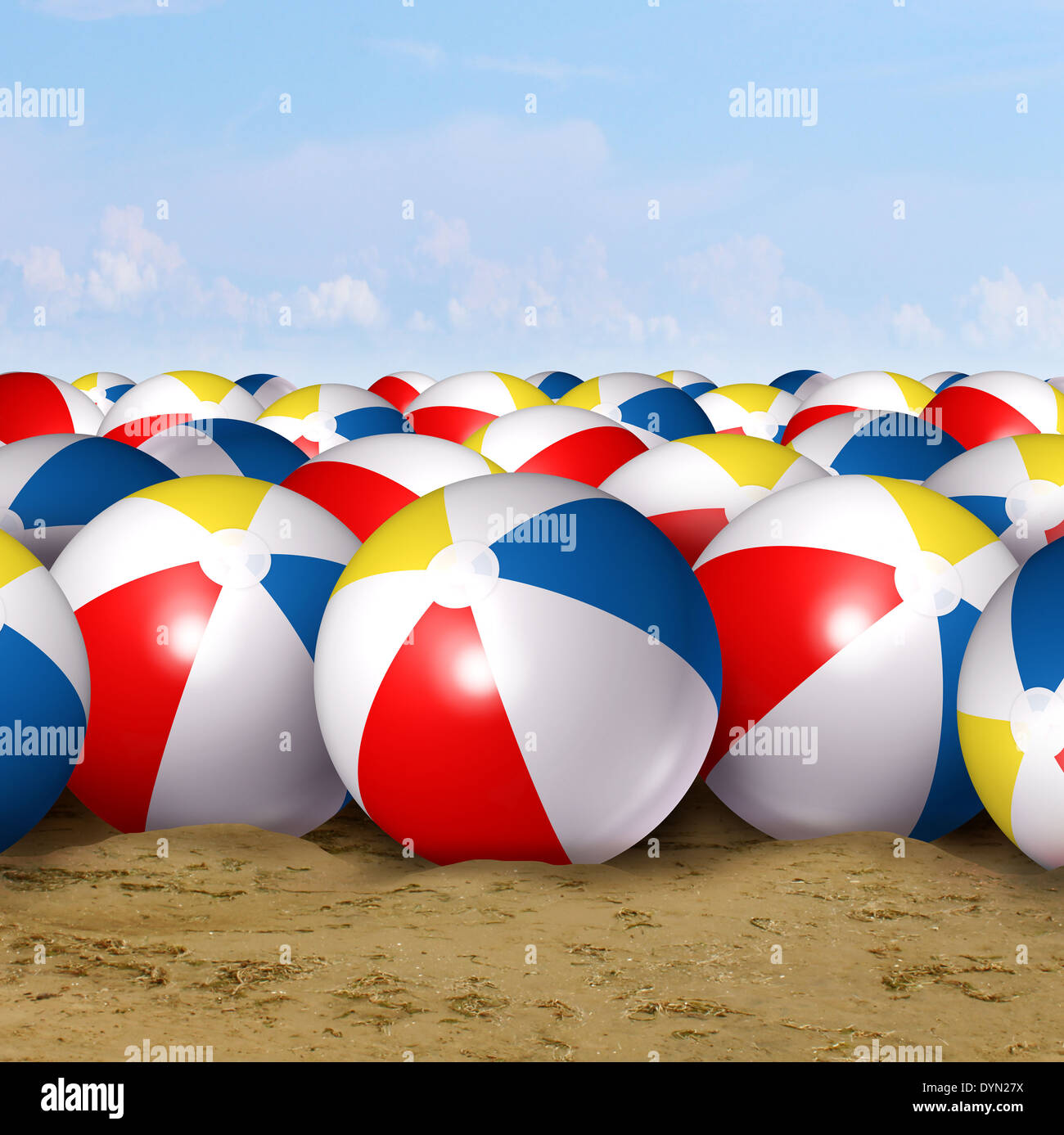 Spiaggia di sfondo a sfera come un simbolo classico del divertimento estivo all'oceano con un gruppo di gonfiato delle sfere di plastica di colore rosso blu bianco Foto Stock
