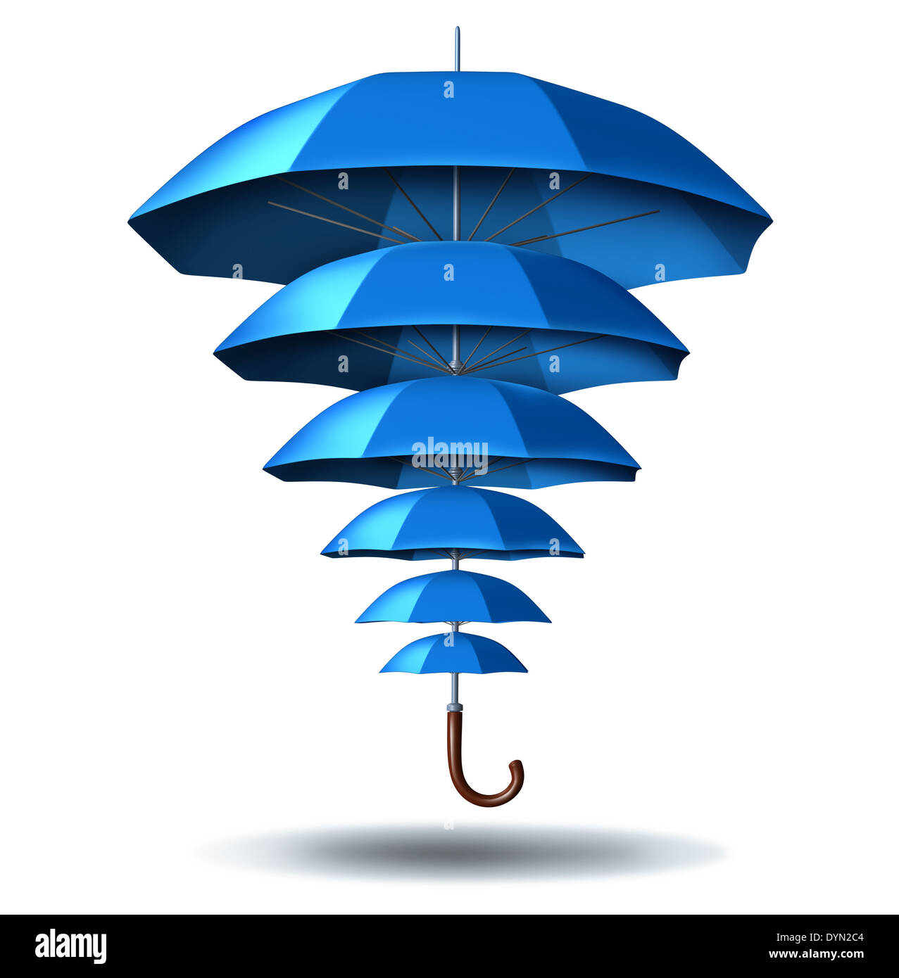 Maggiore protezione dei dati aziendali e la crescita della comunità il concetto di sicurezza con un ombrello blu Cambiando metafora di dimensioni da piccole a grandi proteggere più piccoli ombrelloni collegati tra di loro in una rete sociale per proteggere i membri del team. Foto Stock