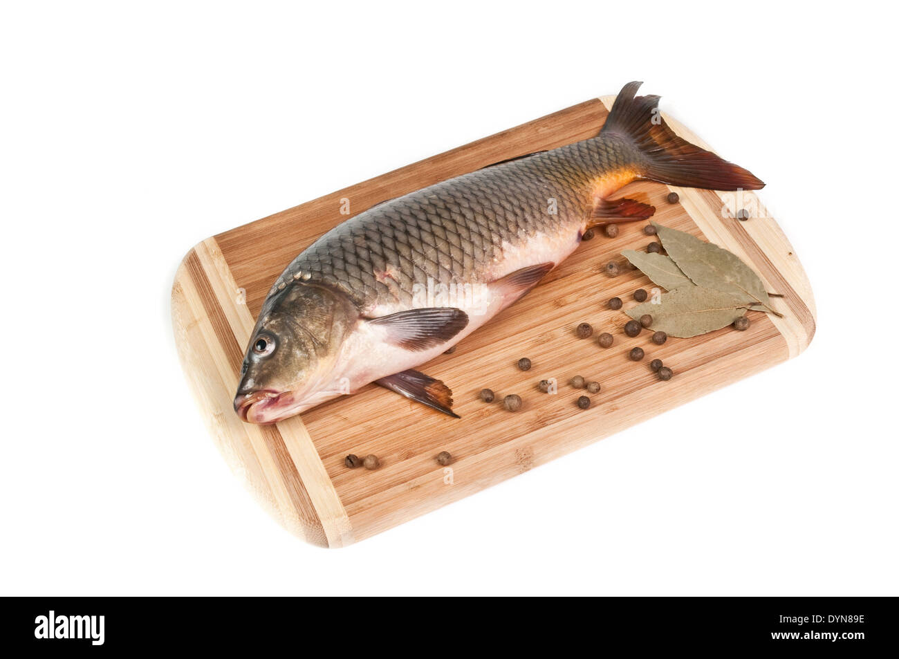 Pesce fresco sul tagliere con spezie su sfondo bianco Foto Stock