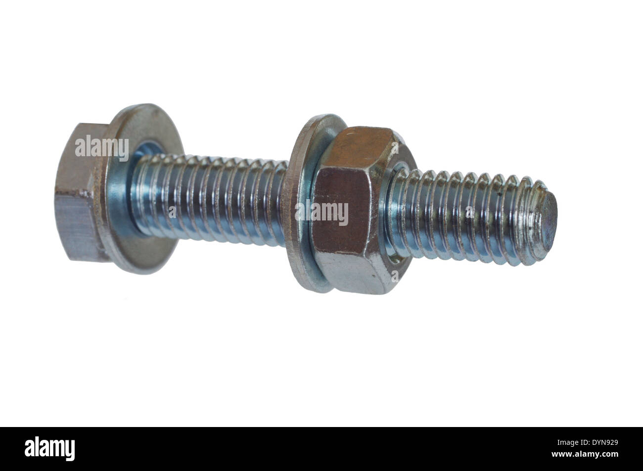 Avvitare il dado e la rondella su sfondo bianco Foto Stock