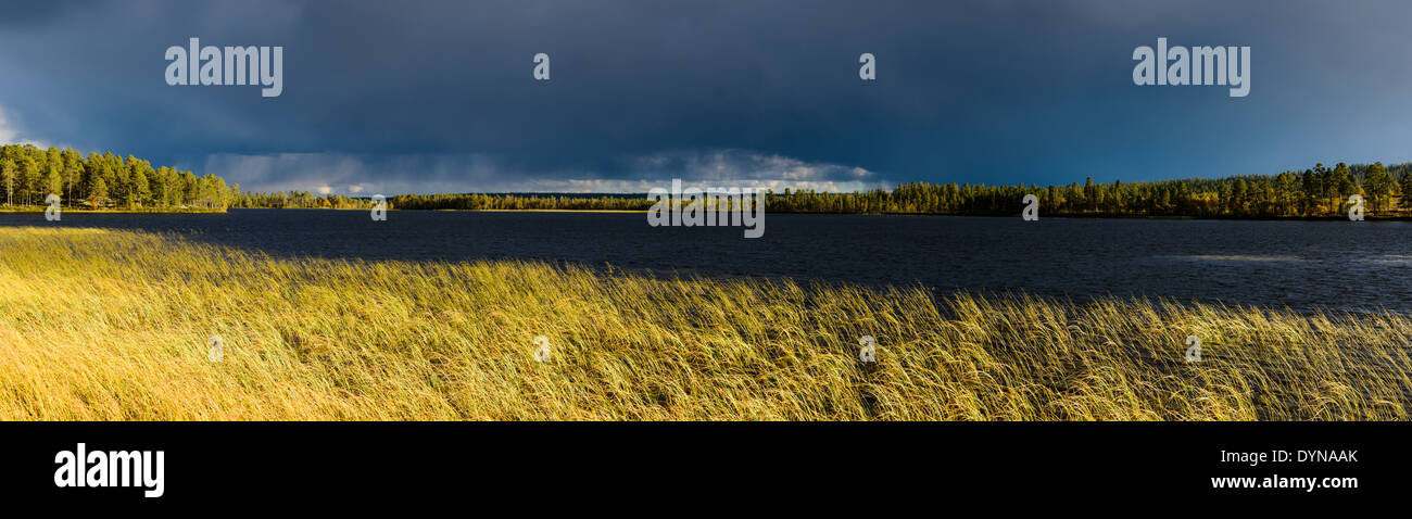 Cielo scuro sul lago in Svezia Foto Stock
