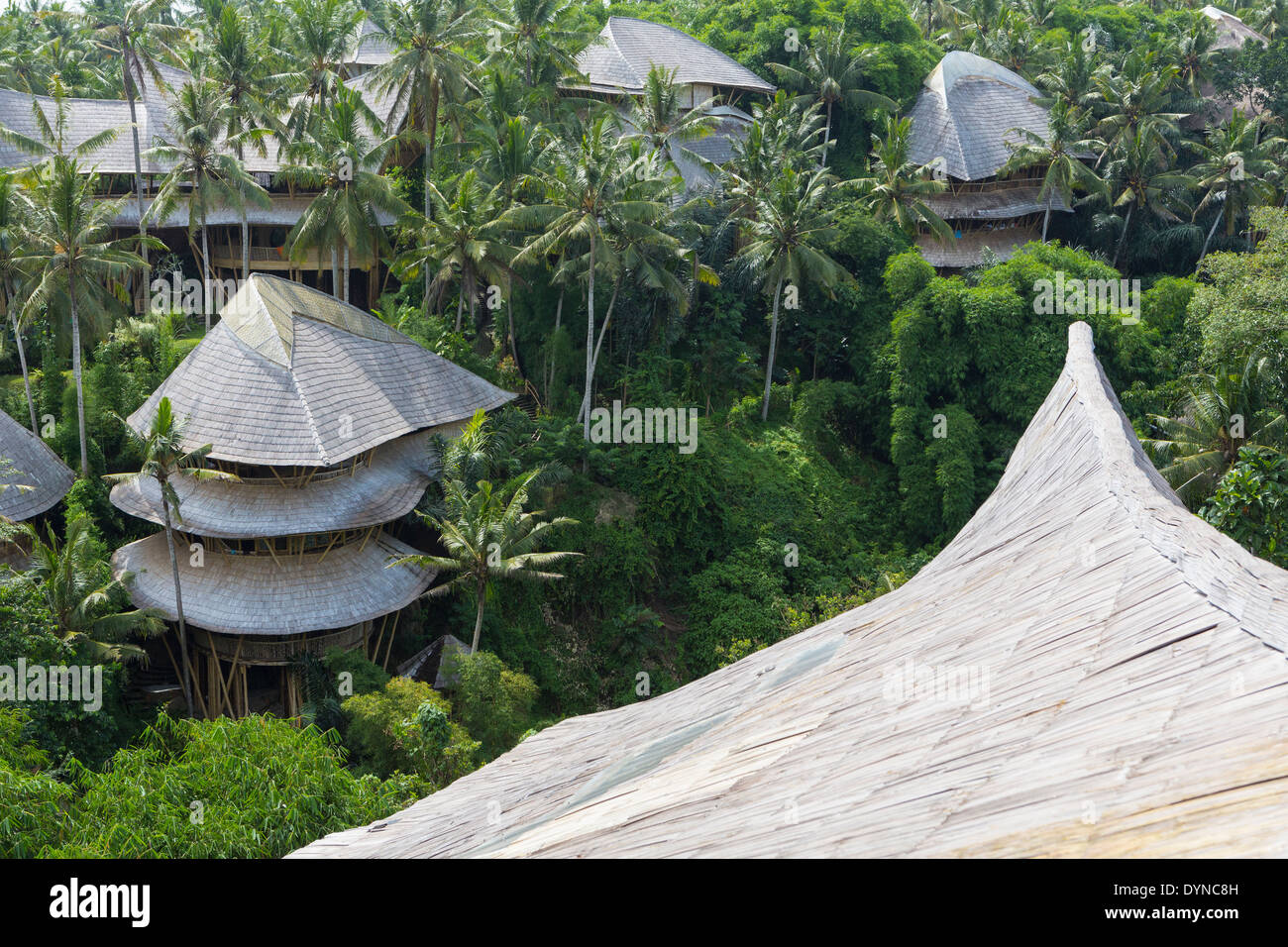 Treehouse tetti di hotel tropicale Ubud, Bali, Indonesia Foto Stock