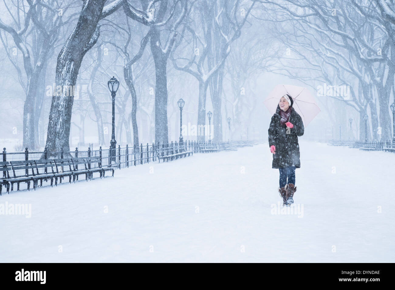 Donna asiatica passeggiate nel parco innevato Foto Stock