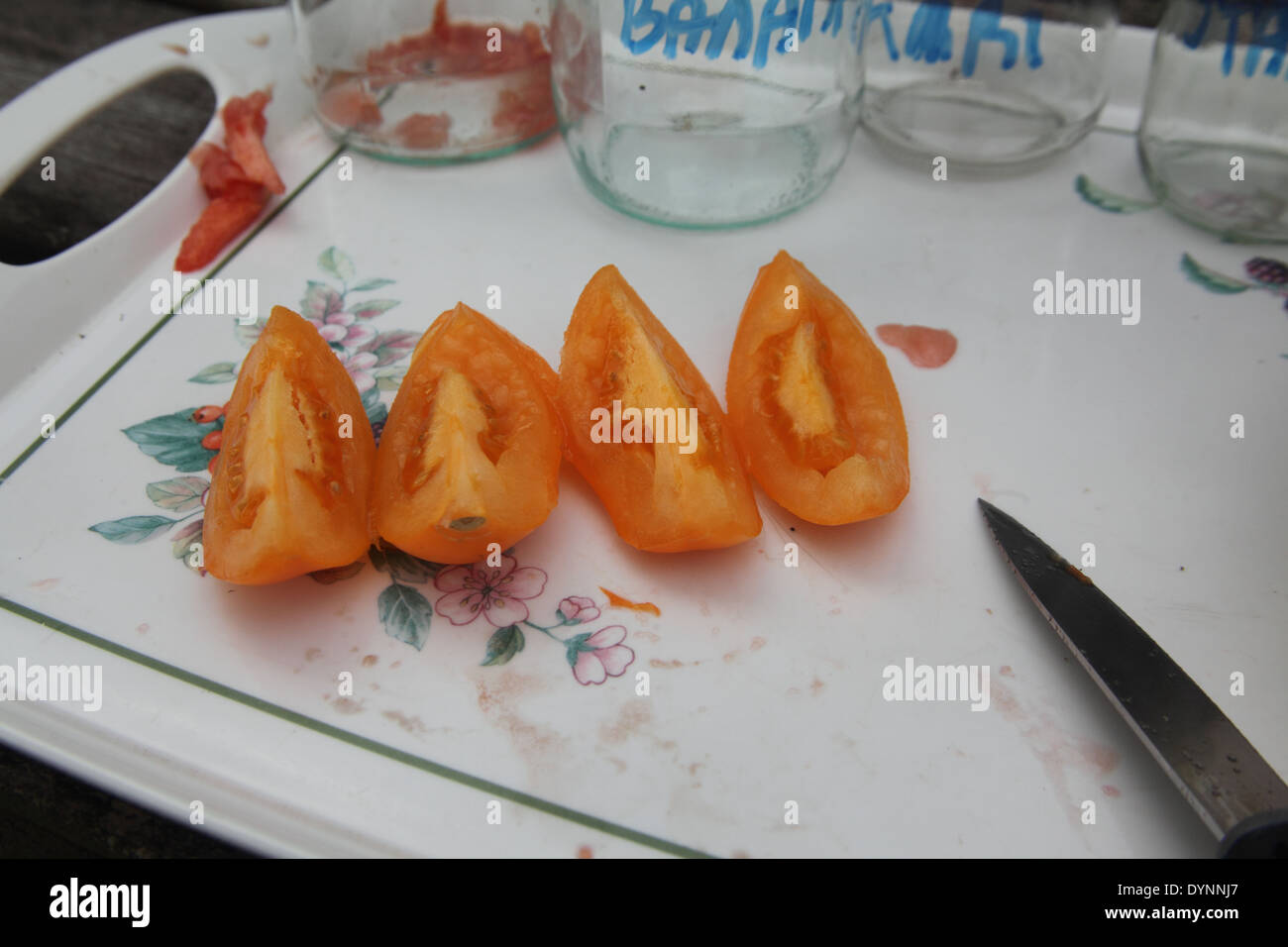 Salvataggio di semi di pomodoro passo 3 trimestre il pomodoro con un coltello per esporre i semi Foto Stock