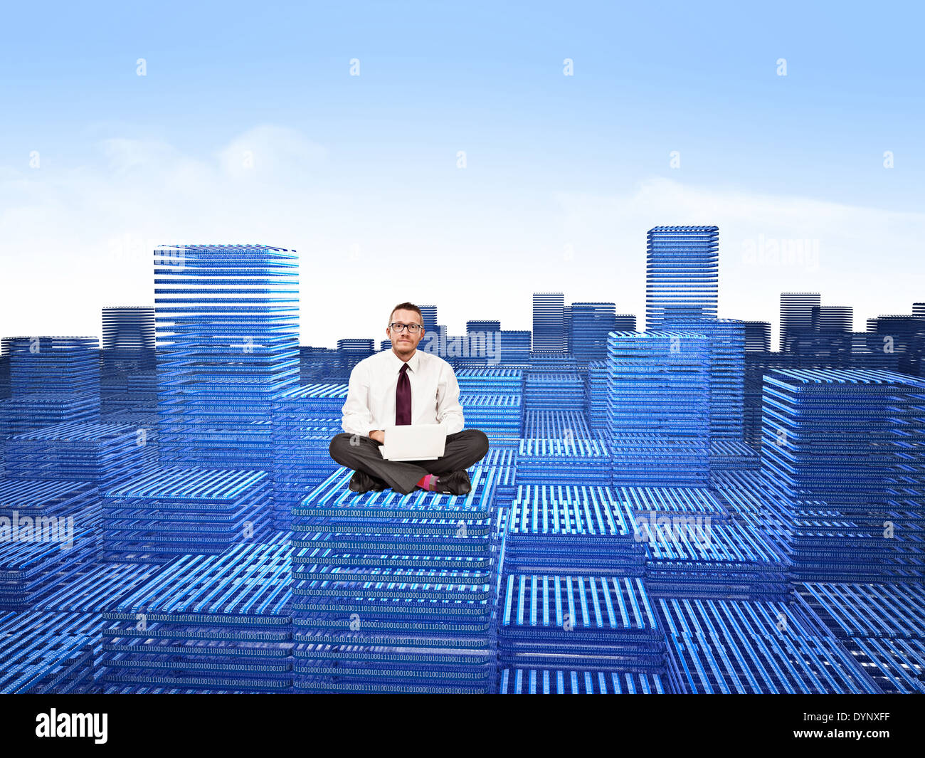 Uomo con notebook su 3d mondo astratto Foto Stock