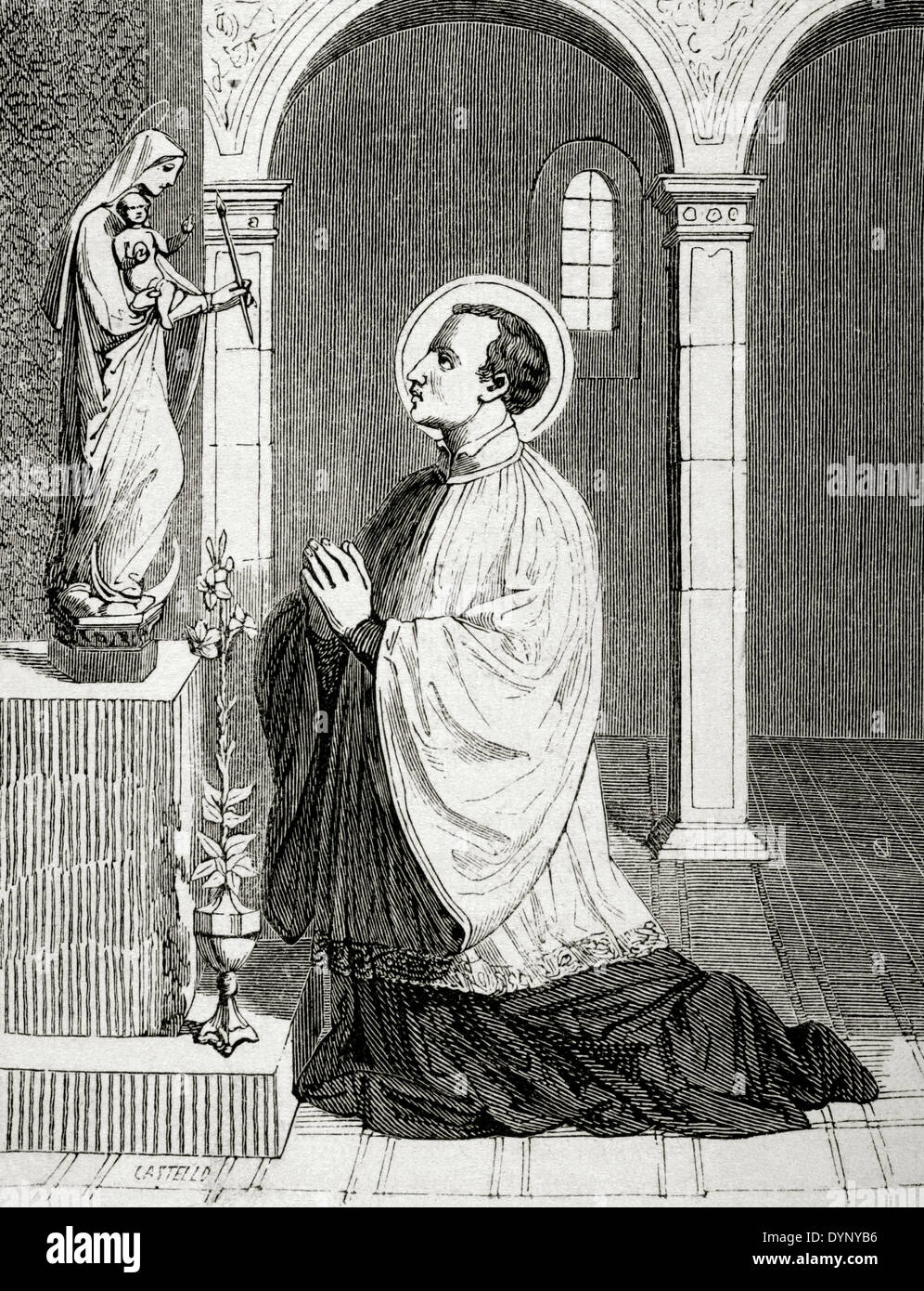 San Luigi Gonzaga (1568-1591). Gesuita italiano. Incisione di Castello. Anno cristiano, 1852. Foto Stock