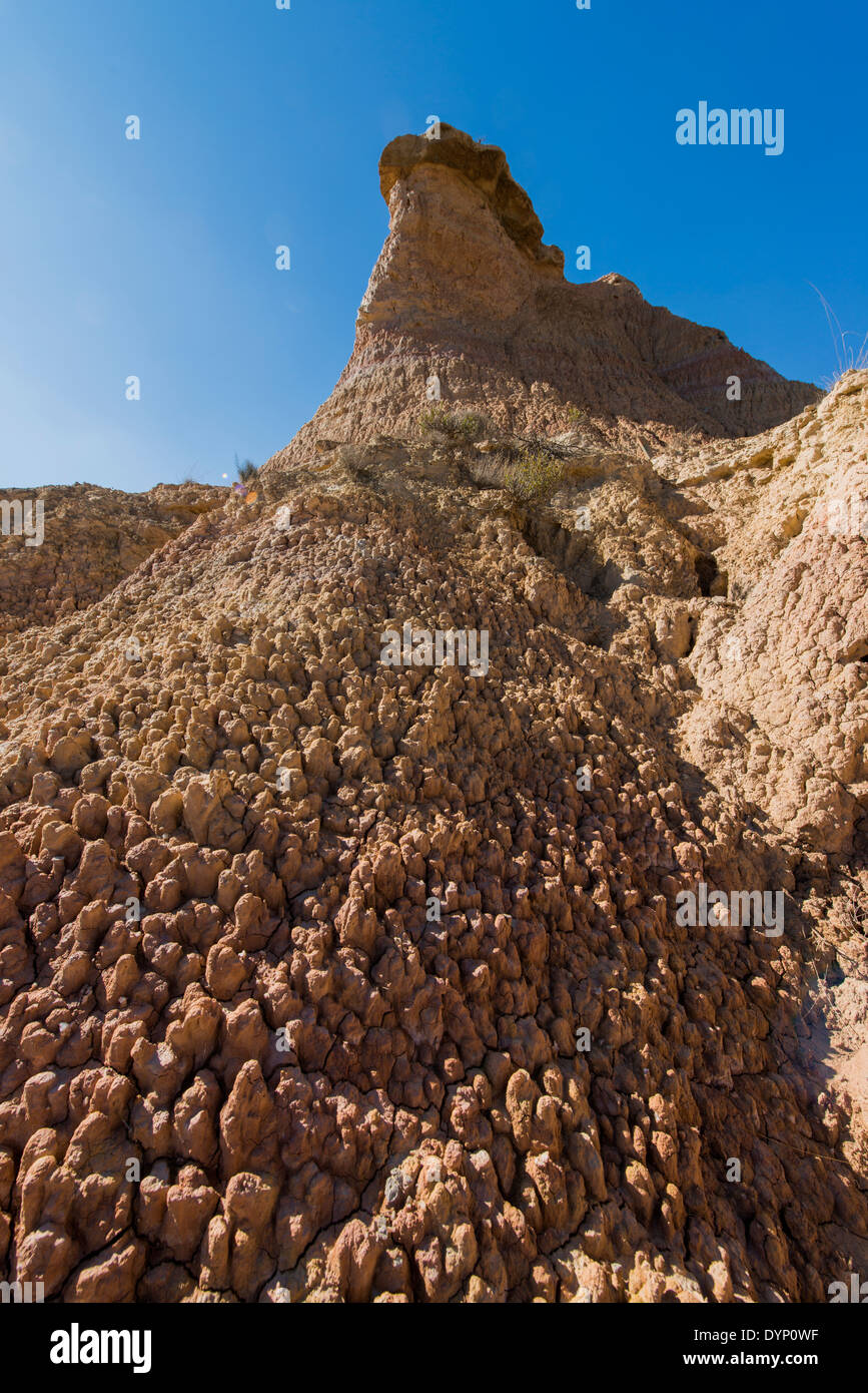 Caratteristica del modello di erosione da pioggia su clay-based terra formano pinnacoli in Monegros area naturale, Aragona, Spagna Foto Stock