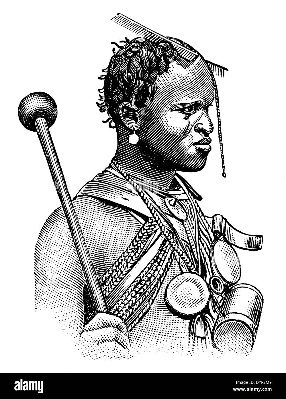 Zulu uomo in abito tradizionale, Sud Africa, illustrazione da enciclopedia sovietica, 1926 Foto Stock