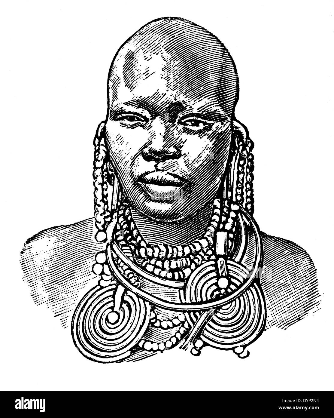 Donna Maasai (Africa Orientale) in abito tradizionale, illustrazione da enciclopedia sovietica, 1926 Foto Stock