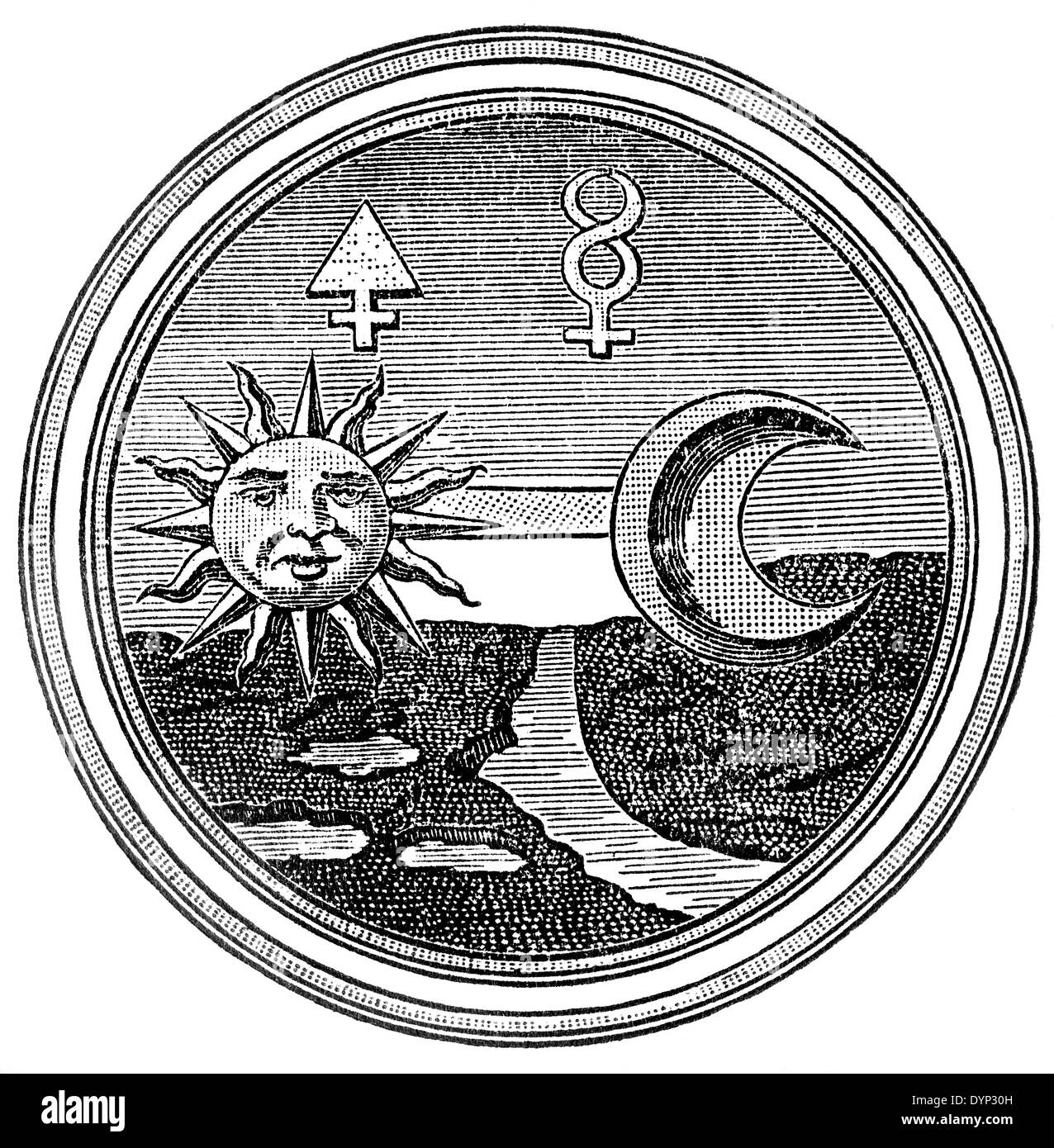 Alchimia simboli di zolfo e mercurio, illustrazione da enciclopedia sovietica, 1926 Foto Stock
