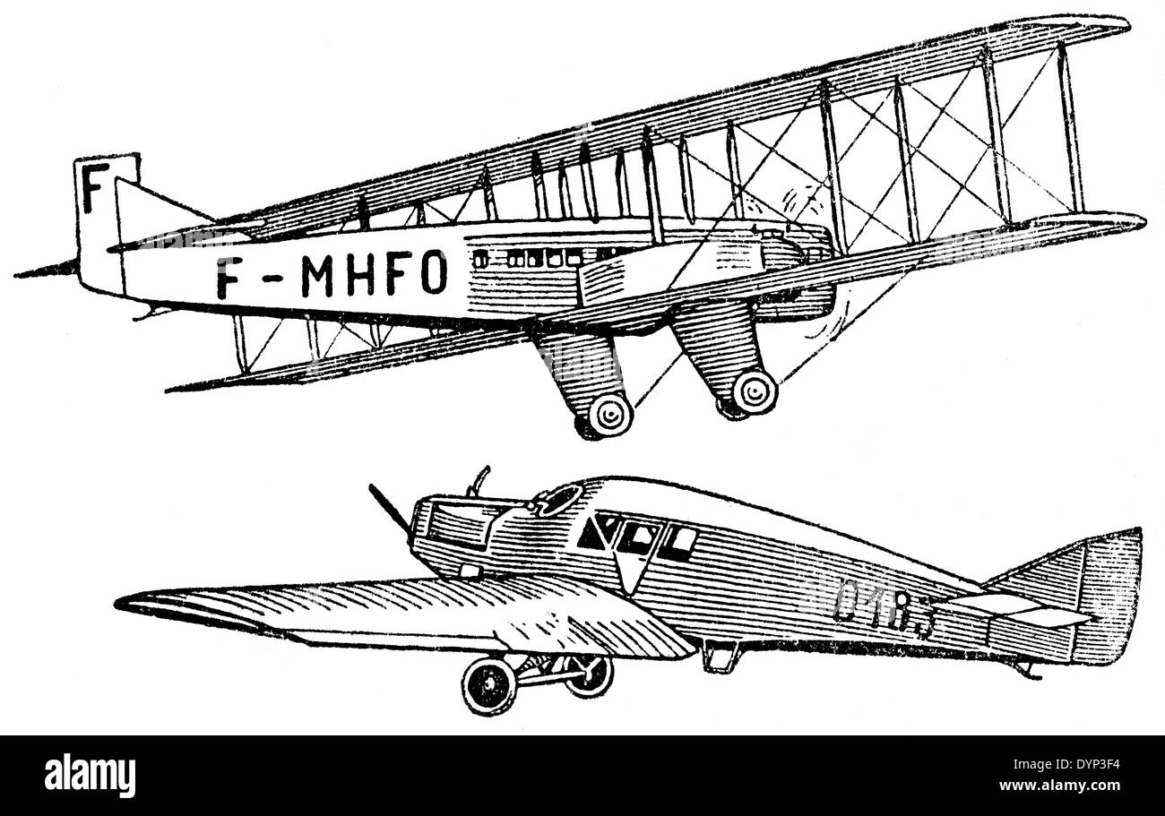 Golia biplanare e Junkers, Vintage aereo passeggeri, illustrazione da enciclopedia sovietica, 1926 Foto Stock