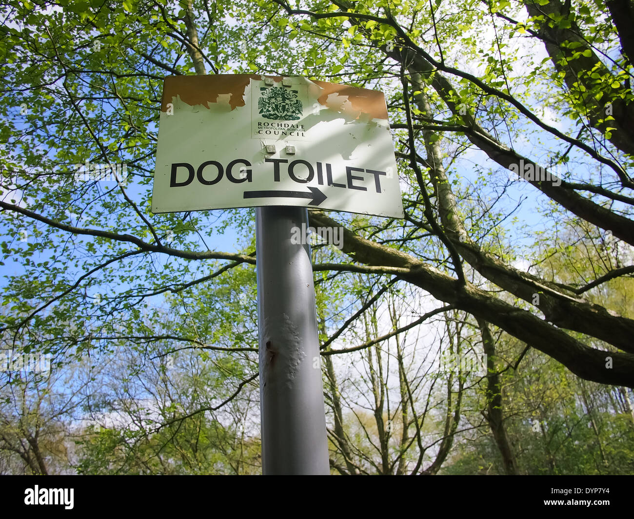 Segno rivolto verso un cane wc in un parco della città Foto Stock