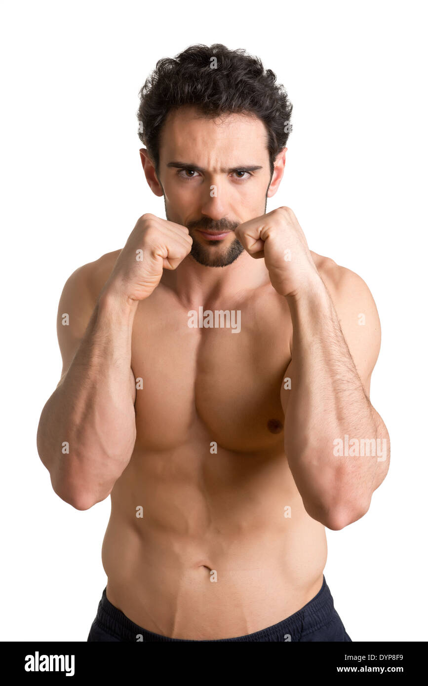 Boxer maschio pronto a combattere, isolato in bianco Foto Stock