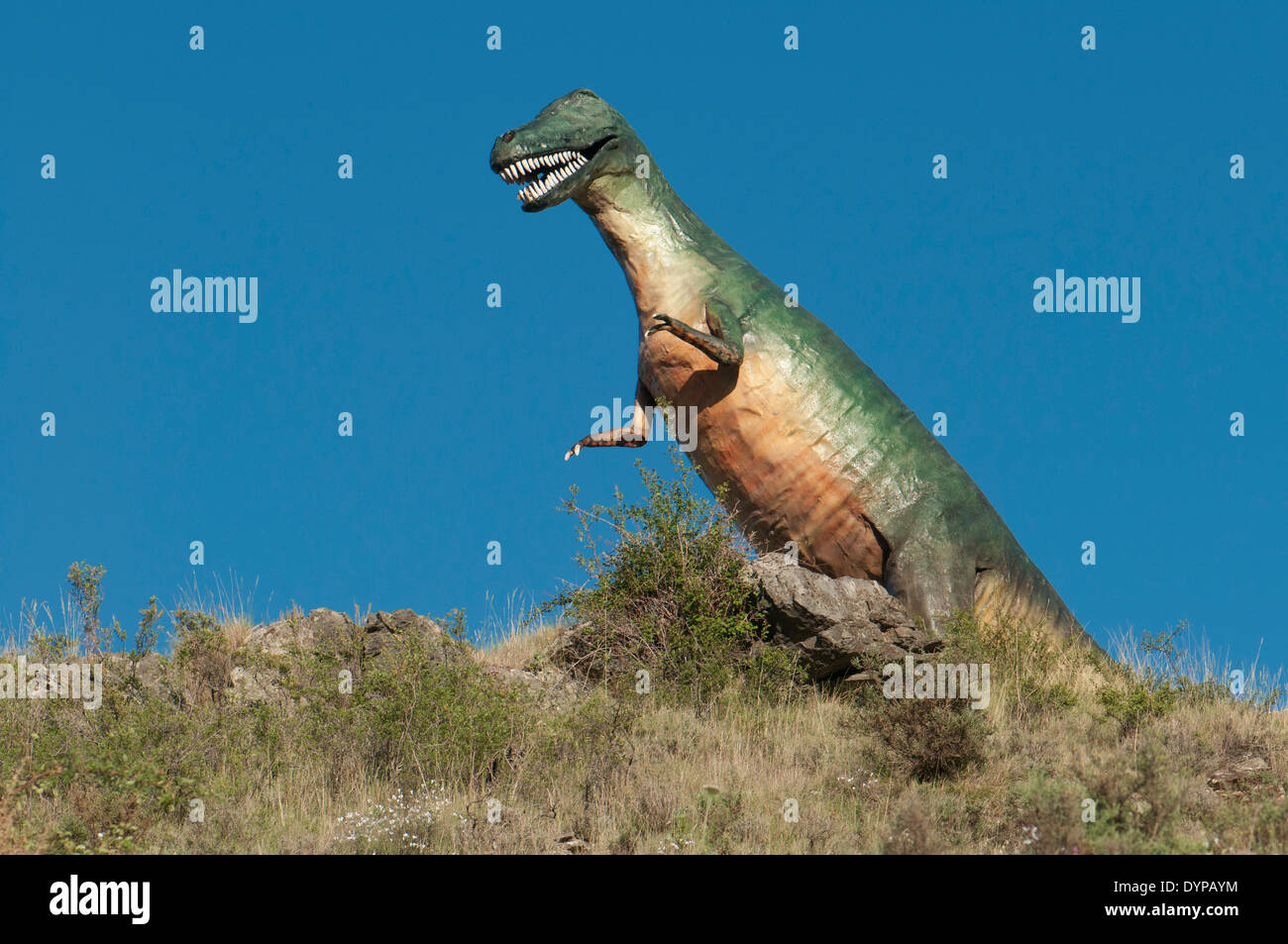 Modelli ricreazione in dimensioni reali di dinosauri in vetroresina e cemento nel sito paleontologico di Valdecevillo, la Rioja, Spagna. Foto Stock