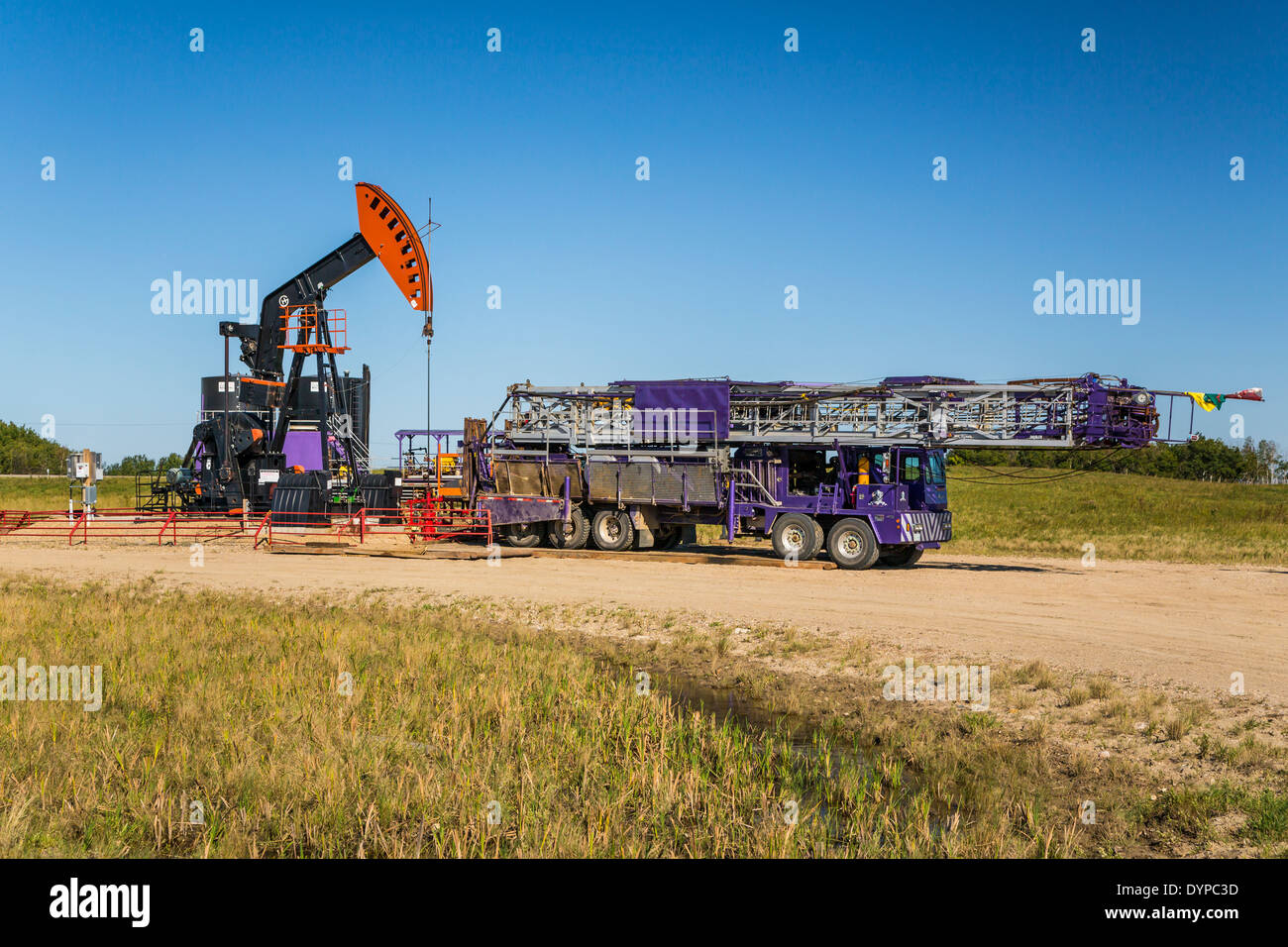 Una produzione di olio pumper nel campo Bakken, vicino a Stoughton, Saskatchewan, Canada. Foto Stock