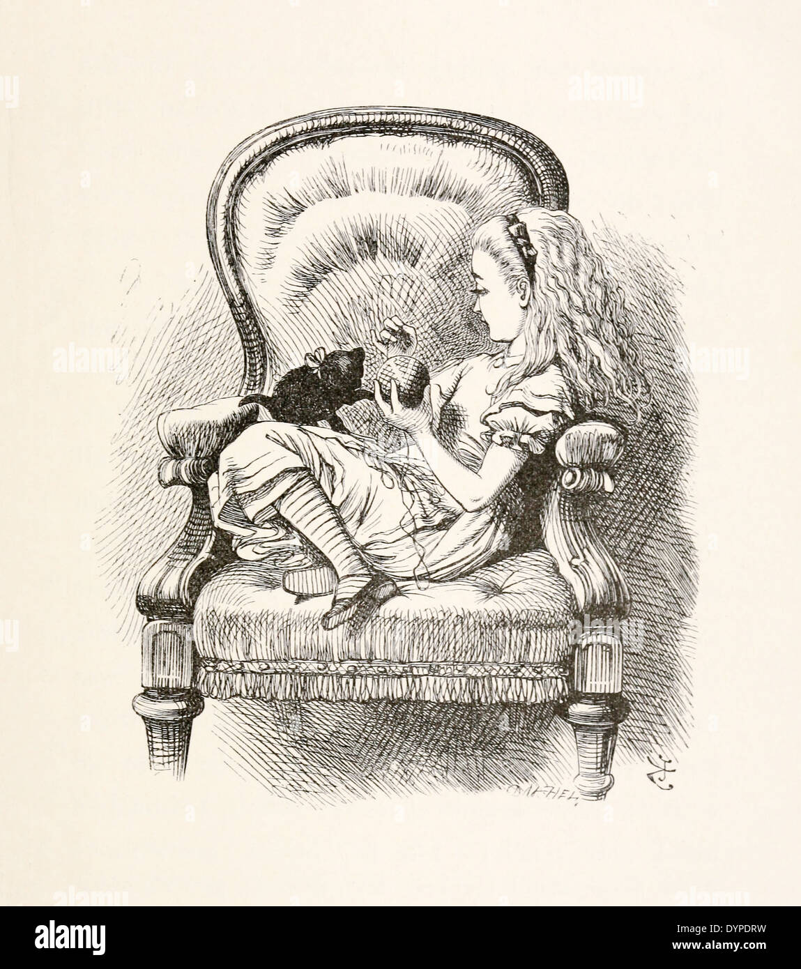 John Tenniel (1820-1914) illustrazione da Lewis Carrol "attraverso l'Looking-Glass" pubblicato nel 1871. Alice con gattino nero Foto Stock