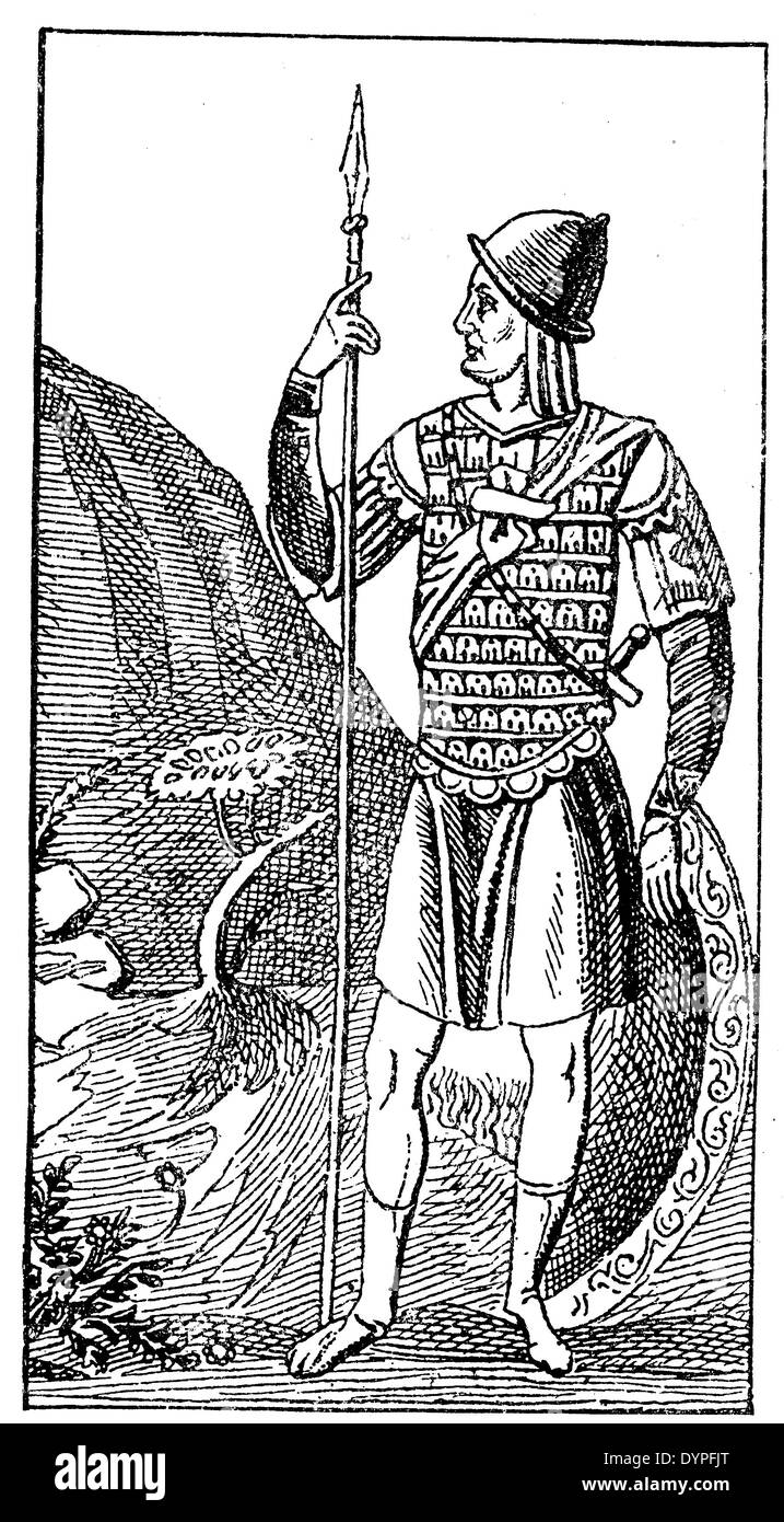Guerriero bizantine del X secolo, indossare il cappotto di mail e il cofano di metallo, armati con scudo e lancia Foto Stock