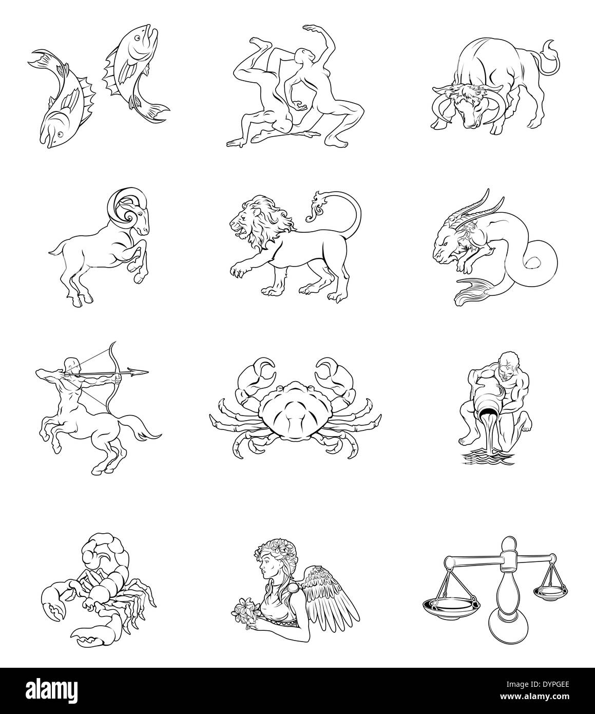 I dodici astrologia oroscopo segni dello zodiaco. Aquarius Gemini Taurus Aries Scorpione Sagittario Capricorno pesci Cancro Leo Foto Stock