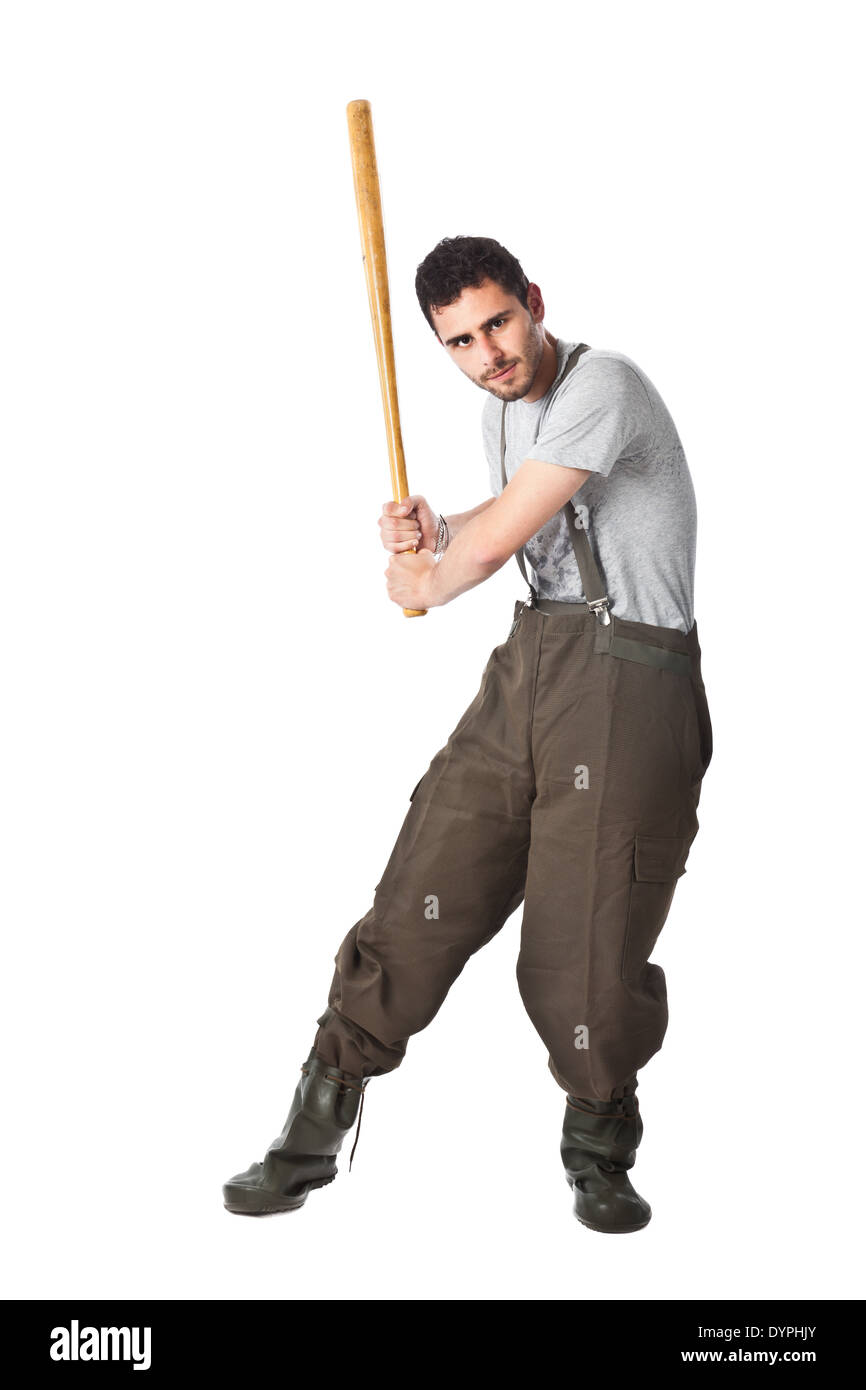 Lavoratore manuale con indumenti da lavoro protettiva isolato su bianco Foto Stock