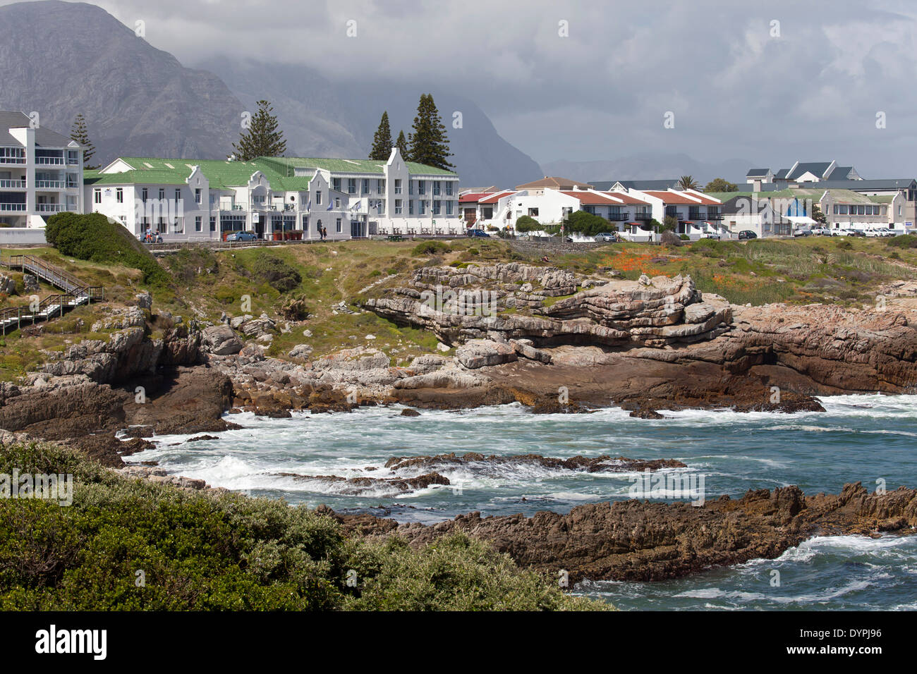 La costa rocciosa e alberghi a Hermanus, Western Cape, Sud Africa Foto Stock
