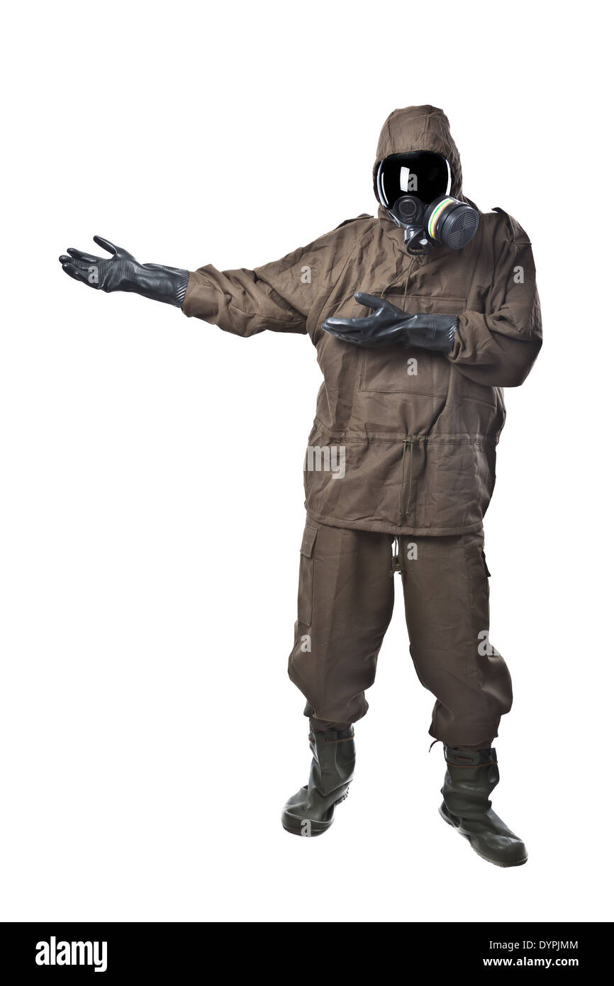 Un uomo che indossa una tuta NBC (nucleare - biologici - Chemical) Foto Stock