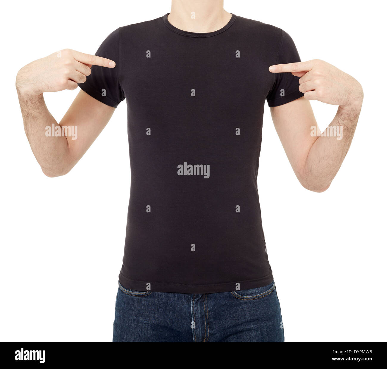 L'uomo puntando al black t-shirt Foto Stock