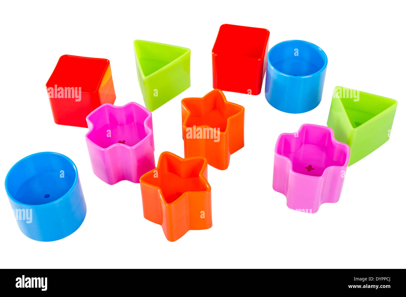 I vari blocchi colorati per forma giocattolo sorter isolati su sfondo bianco Foto Stock