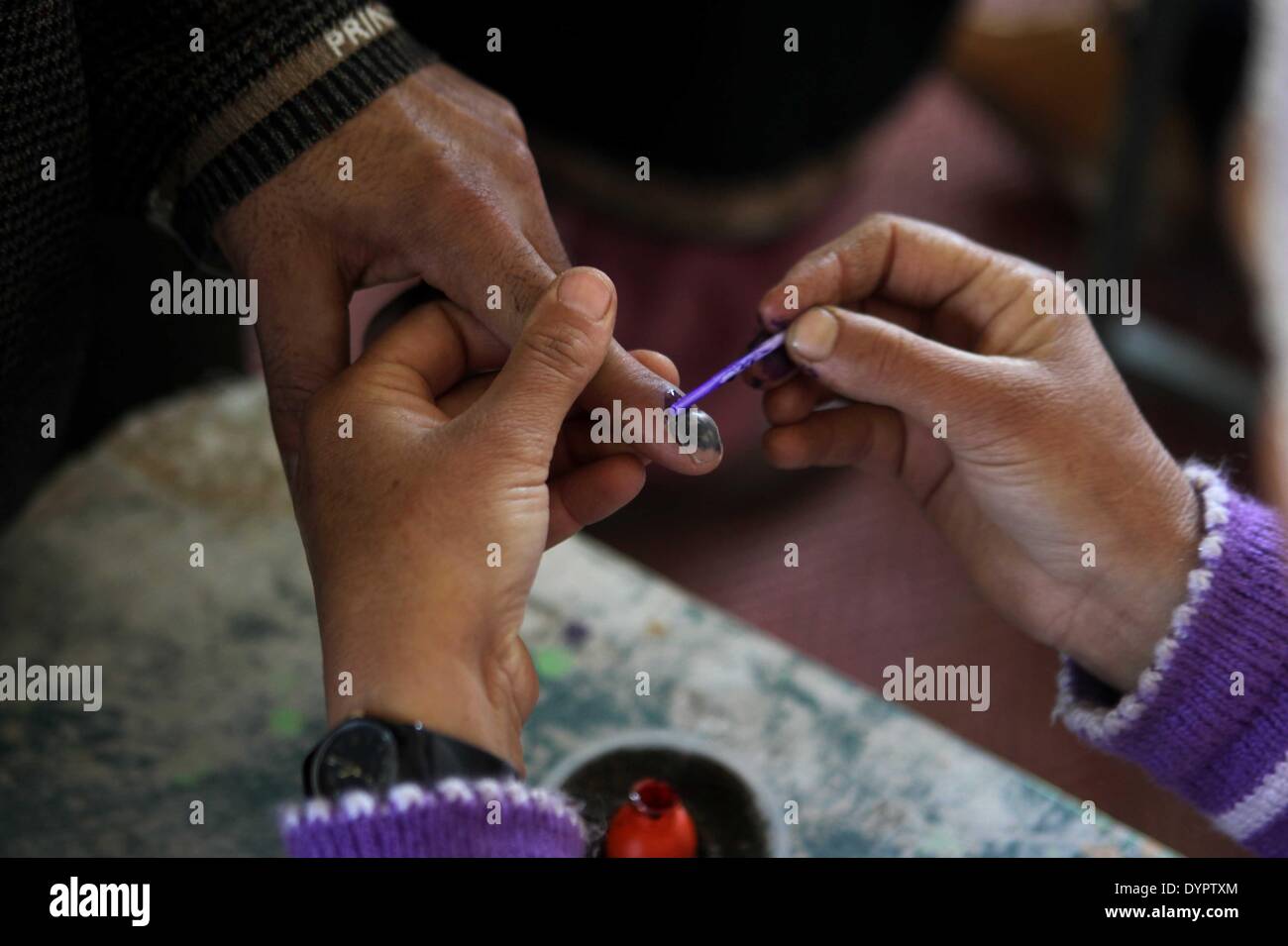 Srinagar, Indiano-controllato del Kashmir. 24 apr 2014. Un funzionario di polling segna un dito di elettore al seggio vicino a Srinagar, la capitale estiva di Indiano-Kashmir controllata, 24 aprile 2014. Credito: Javed Dar/Xinhua/Alamy Live News Foto Stock