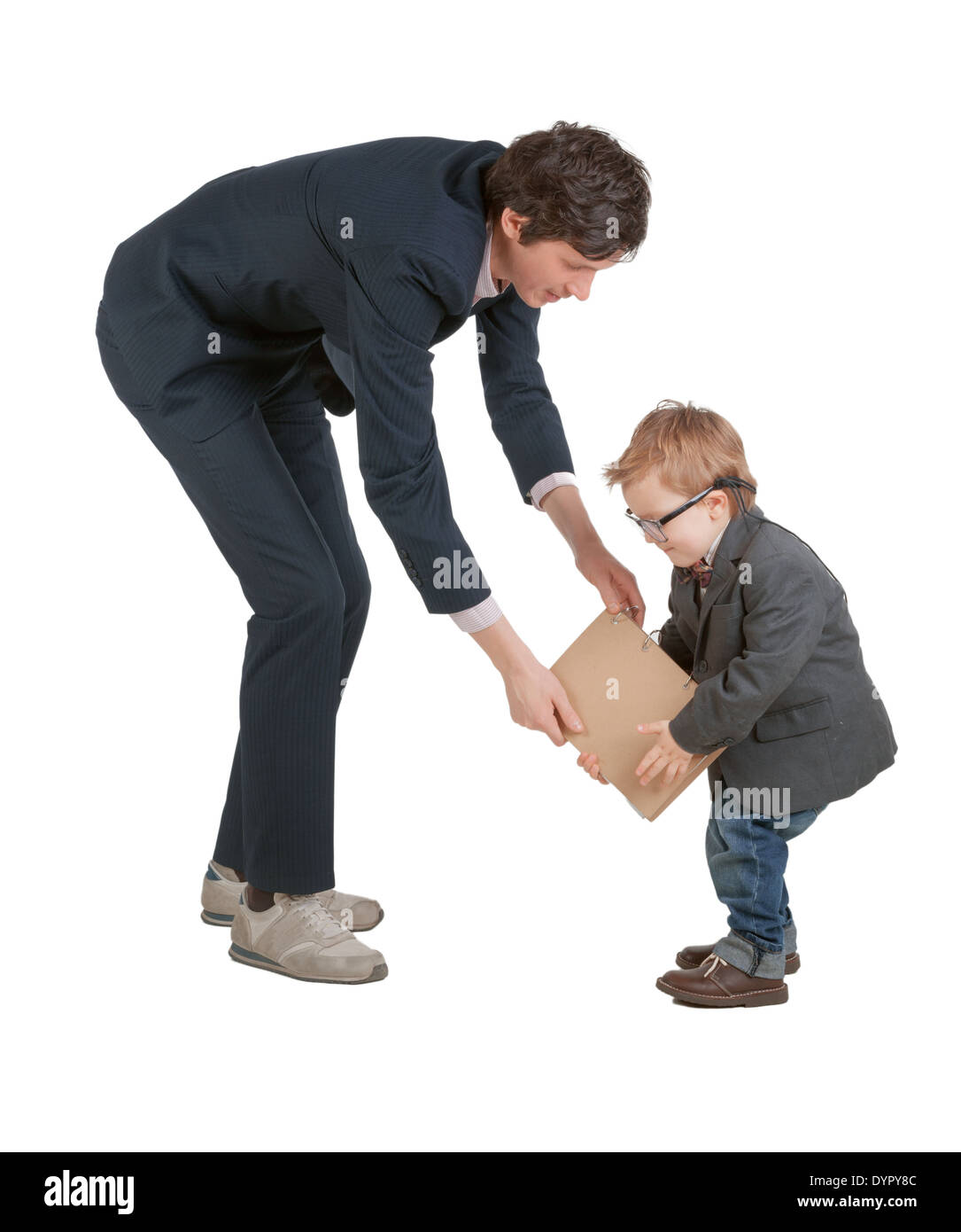 Uomo e bambino agitare le mani isolato sul bianco Foto Stock