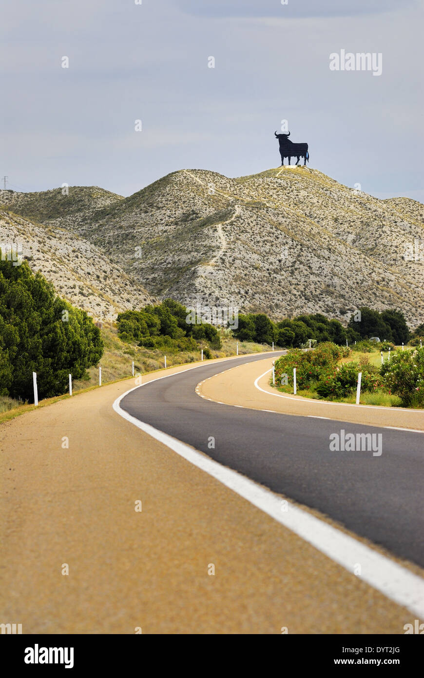 Osborne Bull cartello stradale che domina le strade spagnole come un simbolo non ufficiale, appena fuori Barcellona, Spagna Foto Stock