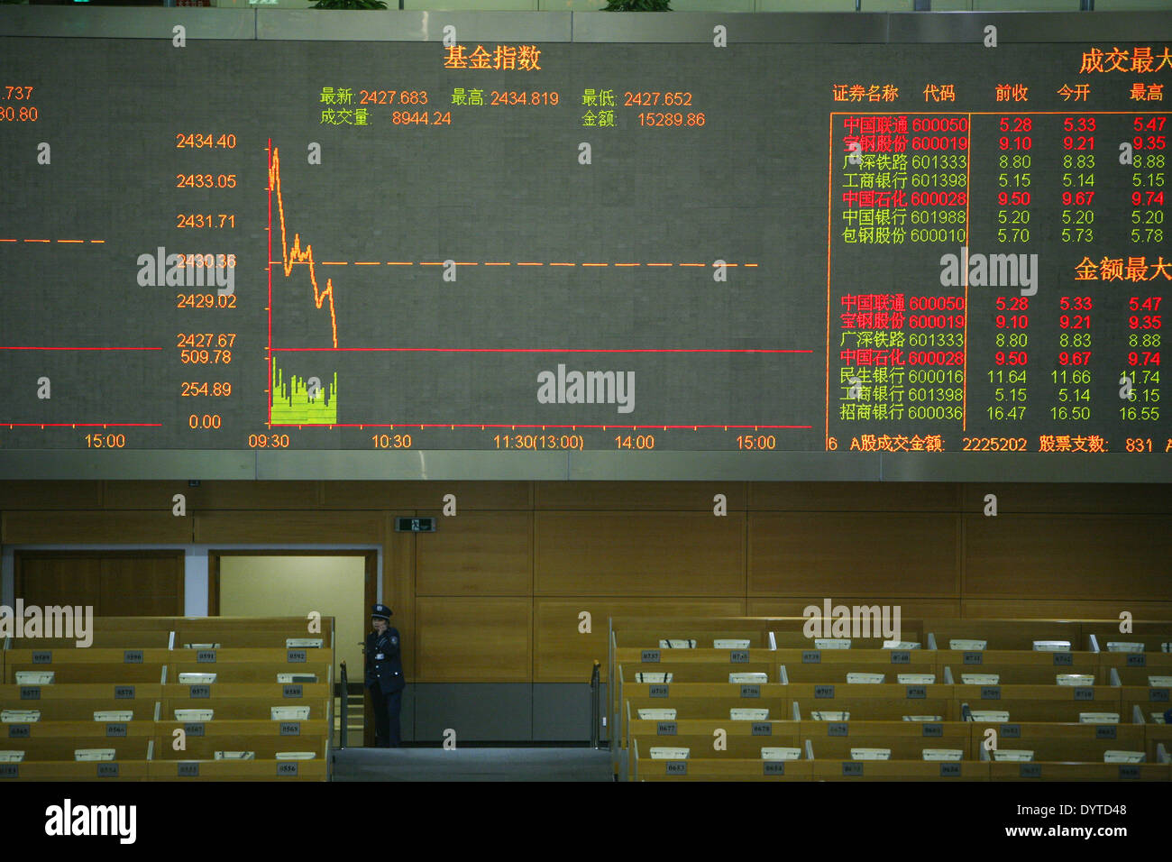 Una guardia di sicurezza sta al trading room a Shanghai Stock Exchange in Cina Foto Stock