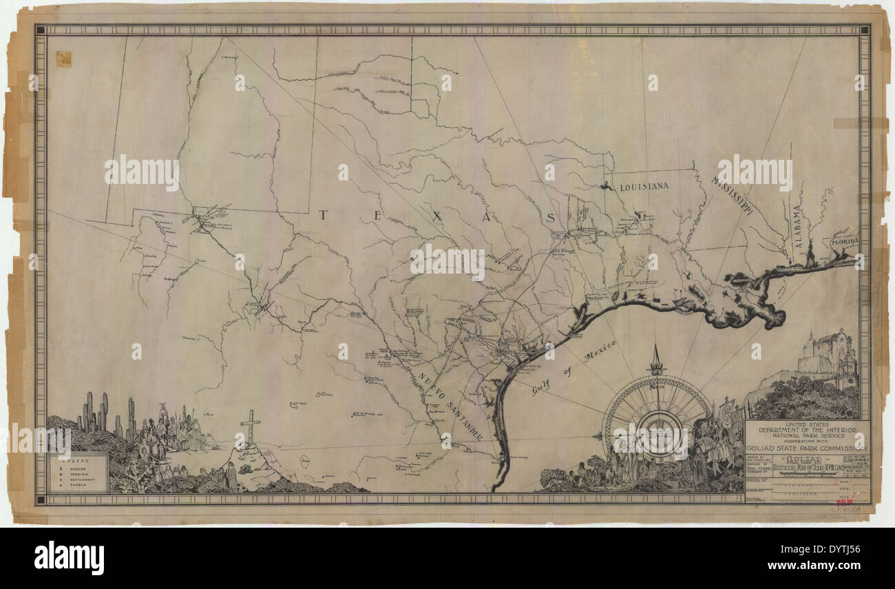 La mappa storica del Texas risalente al XVIII secolo, esposta al Goliad State Historical Park, fornisce informazioni sulla prima configurazione geografica dello stato e sugli sviluppi storici durante il periodo coloniale. Foto Stock
