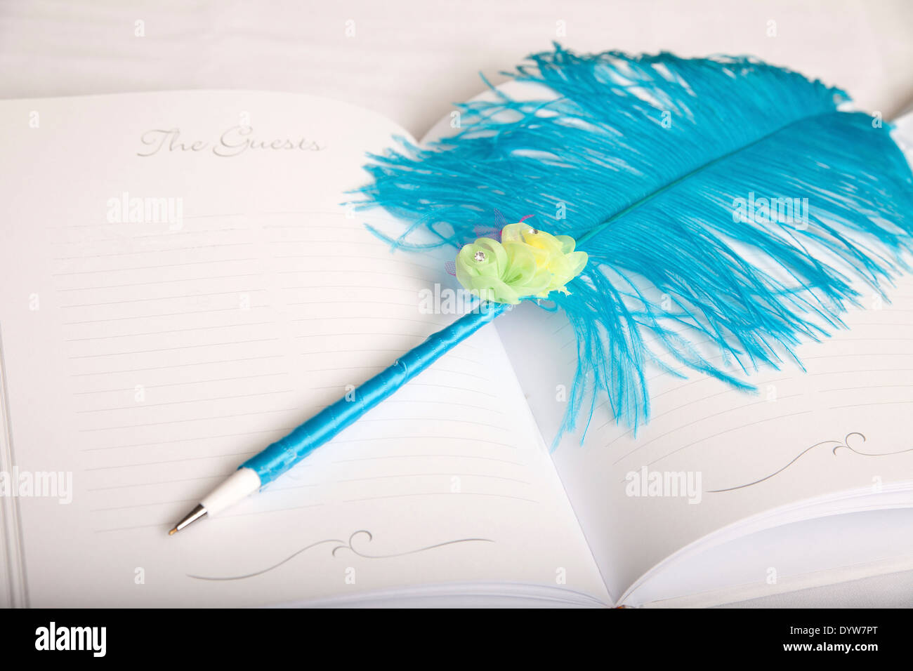 Aprire il guest book con penna in piuma Foto Stock