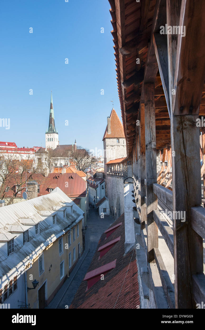 Vista dalla antica cortina muraria nella città vecchia di Tallinn, Estonia. Chiesa e una vecchia torretta cannone in background. Foto Stock