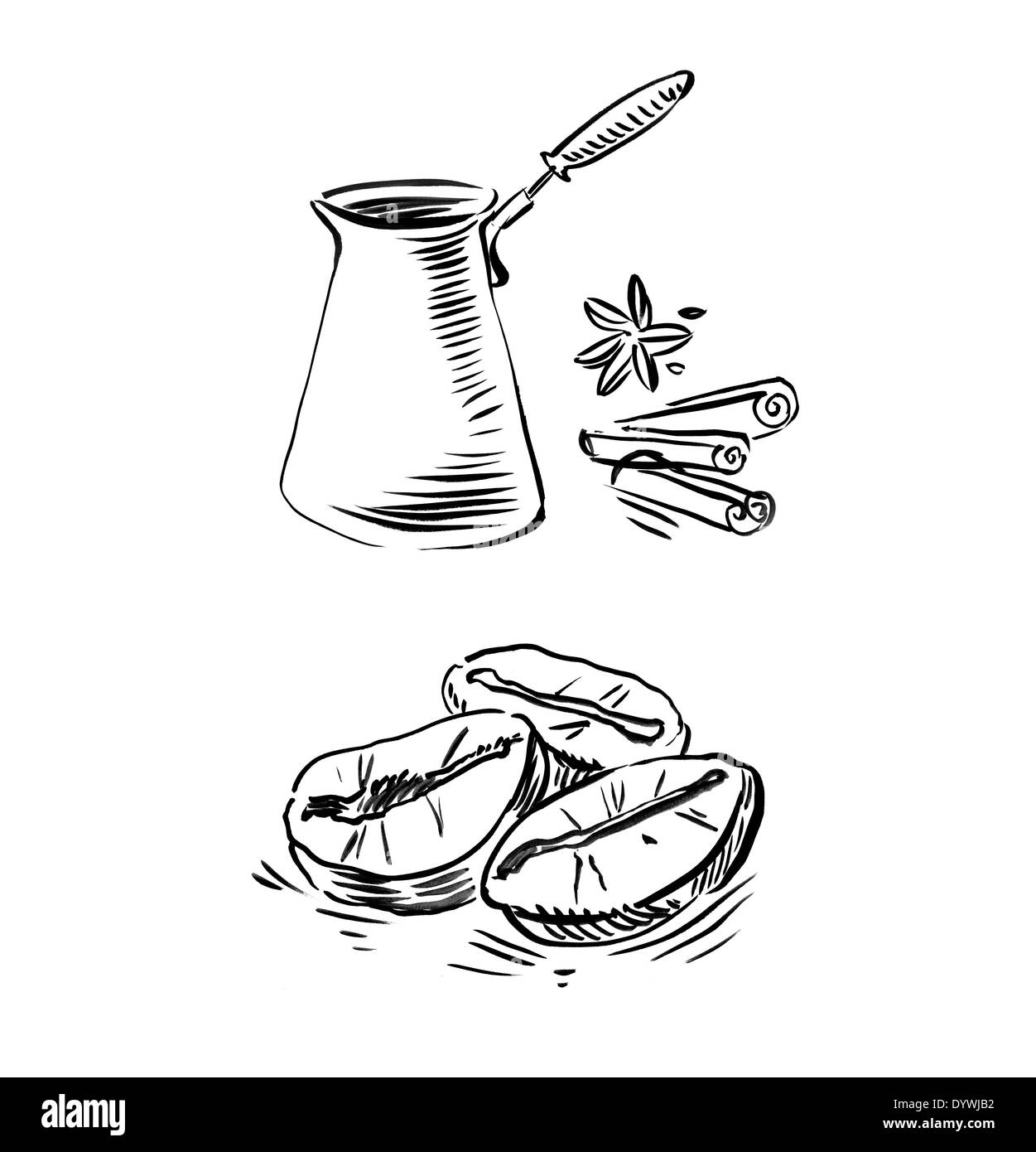 Turk per caffè, i chicchi di caffè e vaniglia Foto Stock