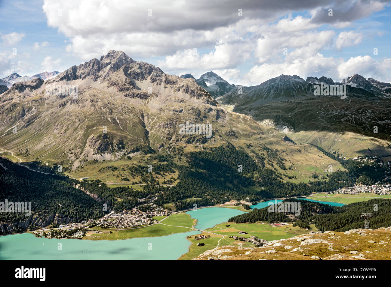 Vista da Corvatsch verso Silvaplana, Engadina, Svizzera Foto Stock