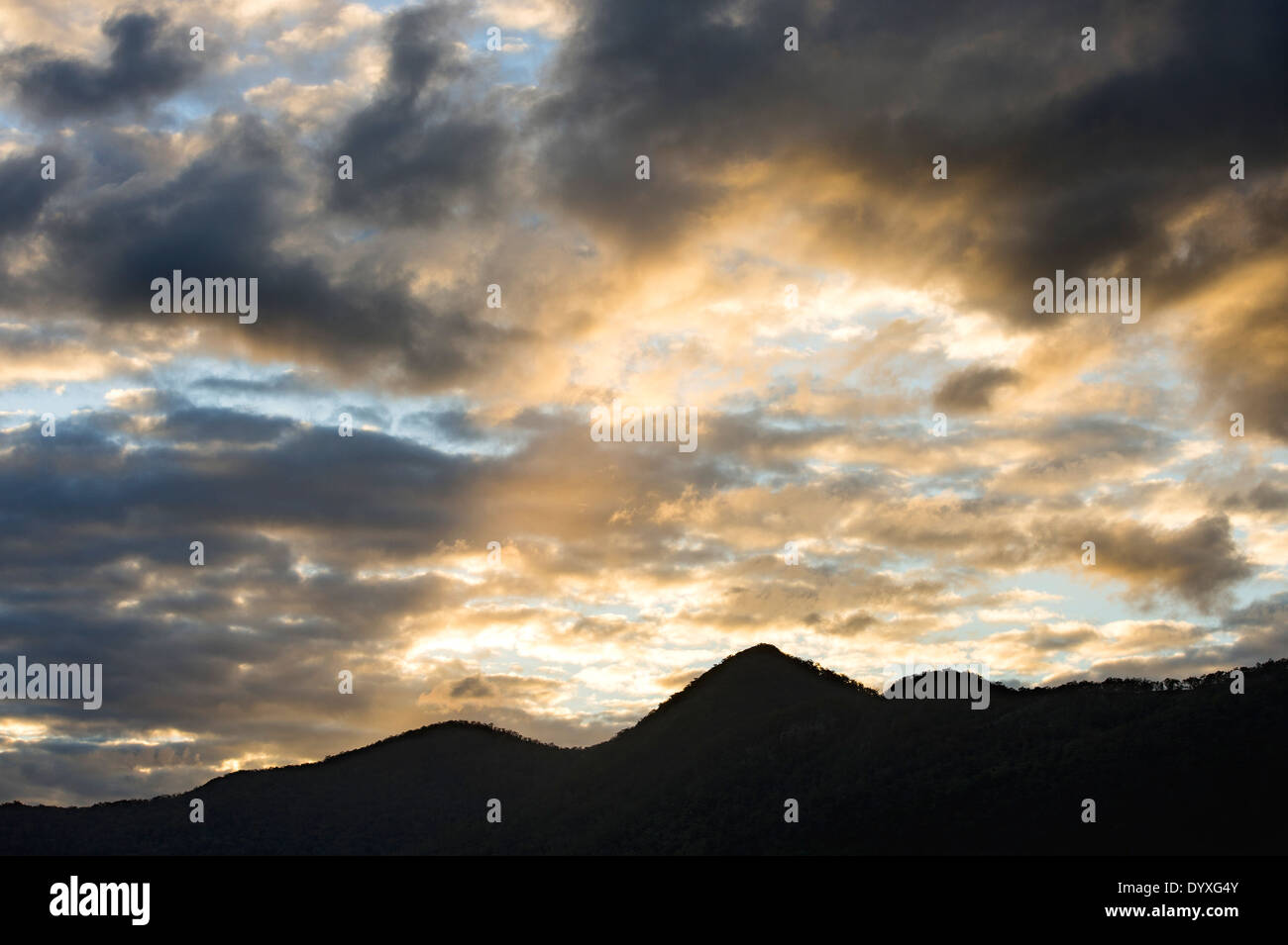 Silhoutted mountain range & Cielo di tramonto, QLD Australia Foto Stock