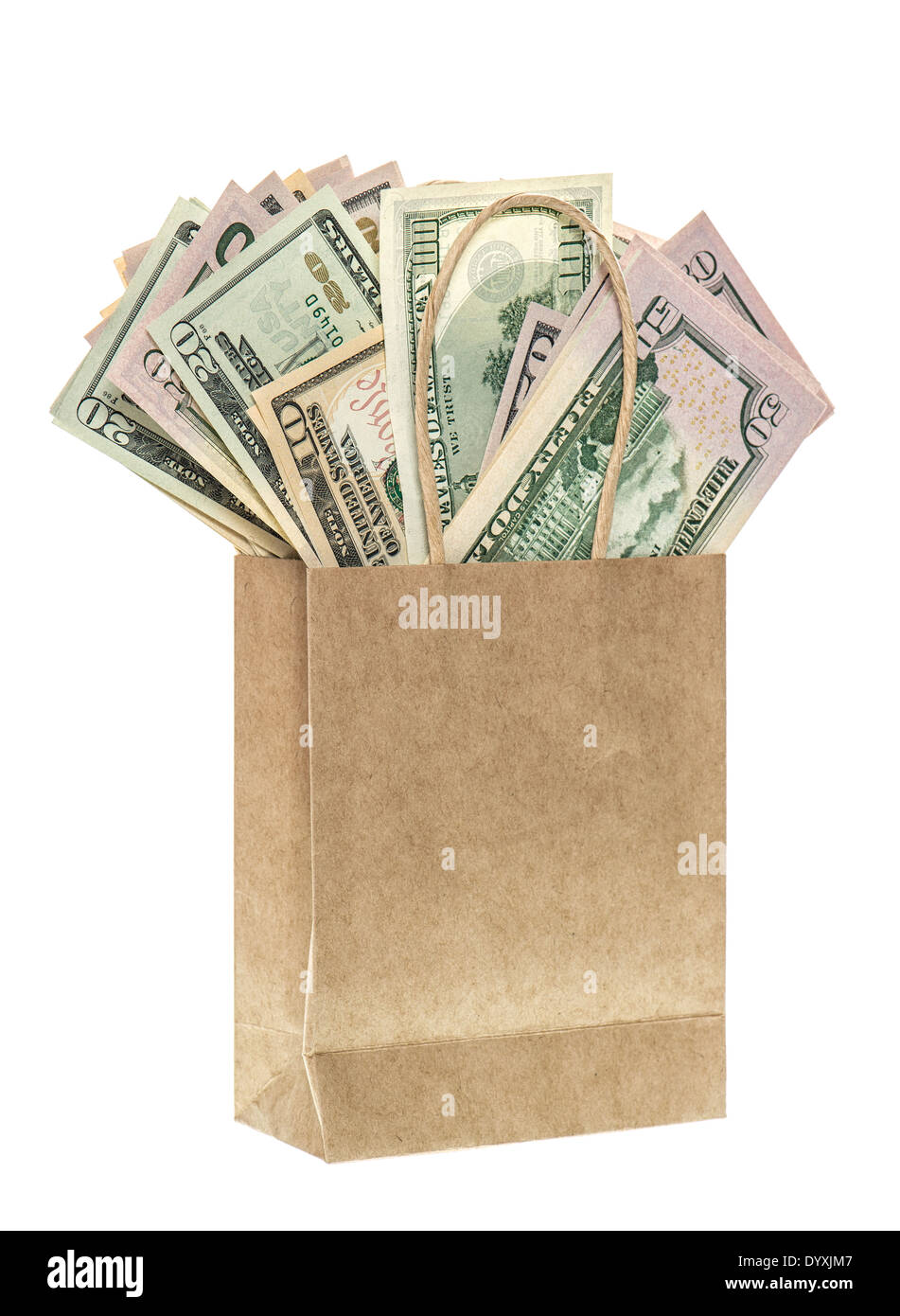 Sacchetto di carta con dollari americani isolati su sfondo bianco. Il concetto di shopping Foto Stock