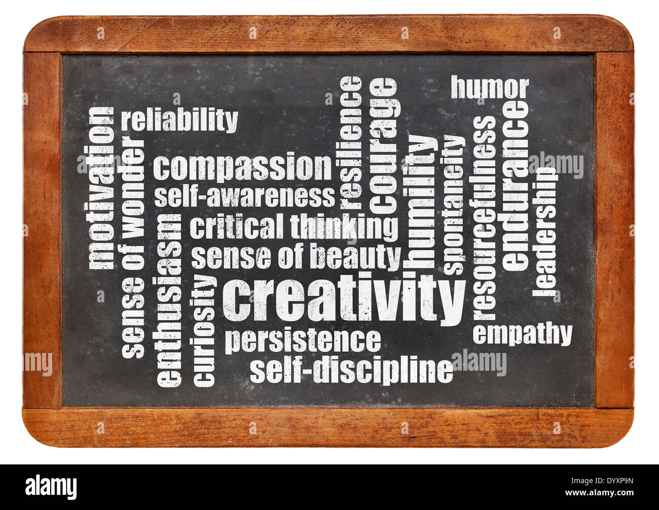 La creatività, di auto-disciplina e altre qualità personali - una parola cloud su una lavagna vintage Foto Stock
