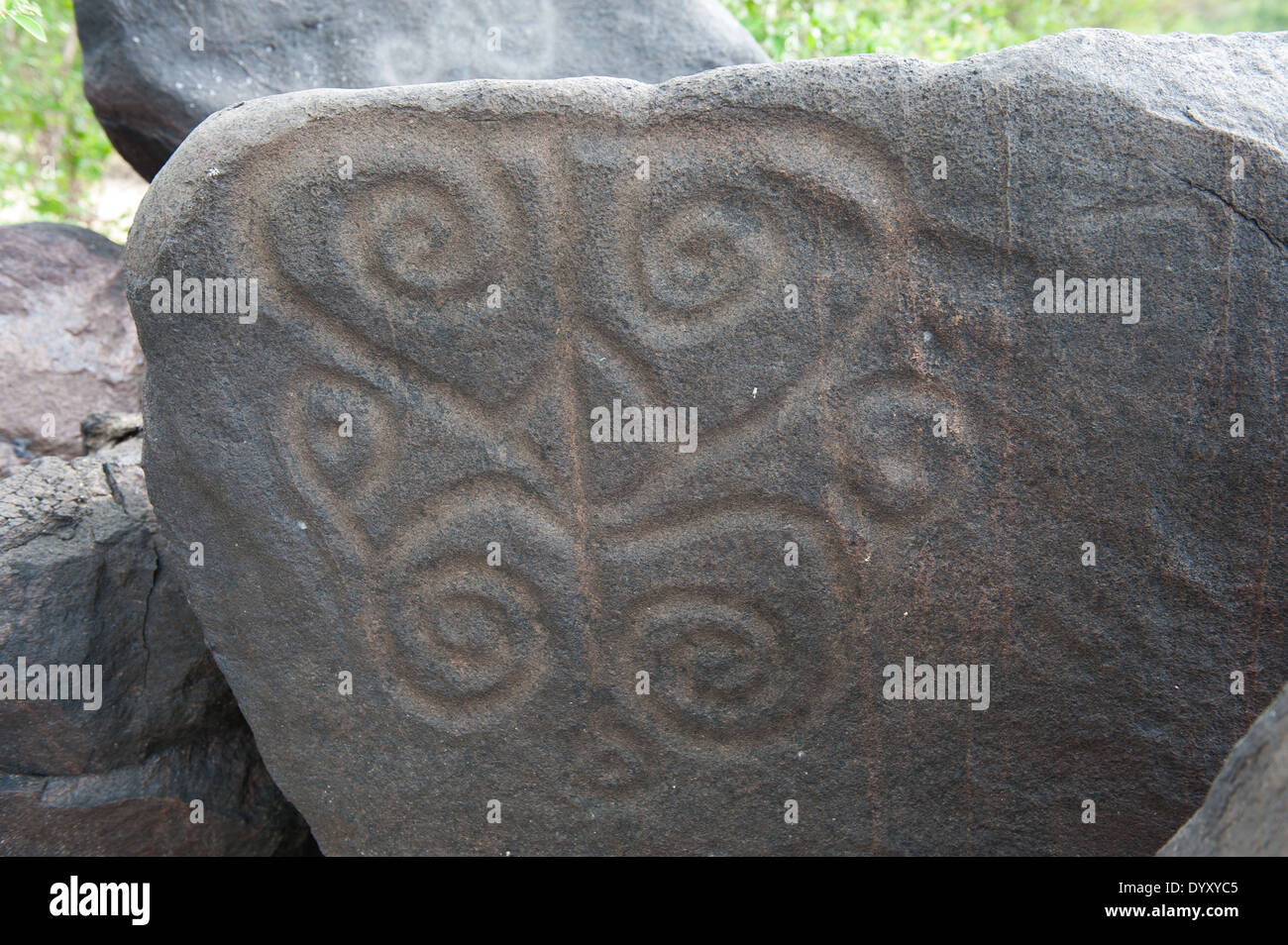 Sullo Xingu, Para Stato, Brasile. La Volta Grande; Jericoá cascata cachoeira. Antiche incisioni rupestri fatte da pre-Colombiano le popolazioni indigene. Foto Stock