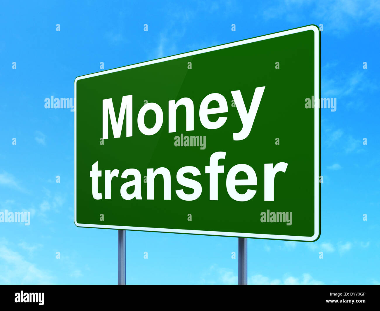 Concetto di finanza: denaro con Trasferimento di denaro sul cartello stradale sullo sfondo Foto Stock
