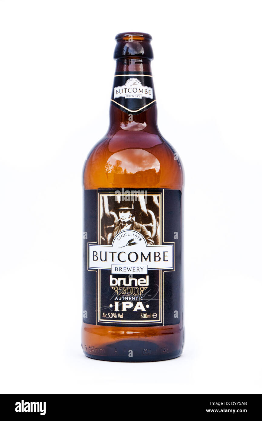 Bottiglia di Brunel 200 autentica IPA da Butcombe birreria, un microbirrificio fondata nel villaggio di Butcombe, Somerset, Regno Unito nel 1978. Foto Stock