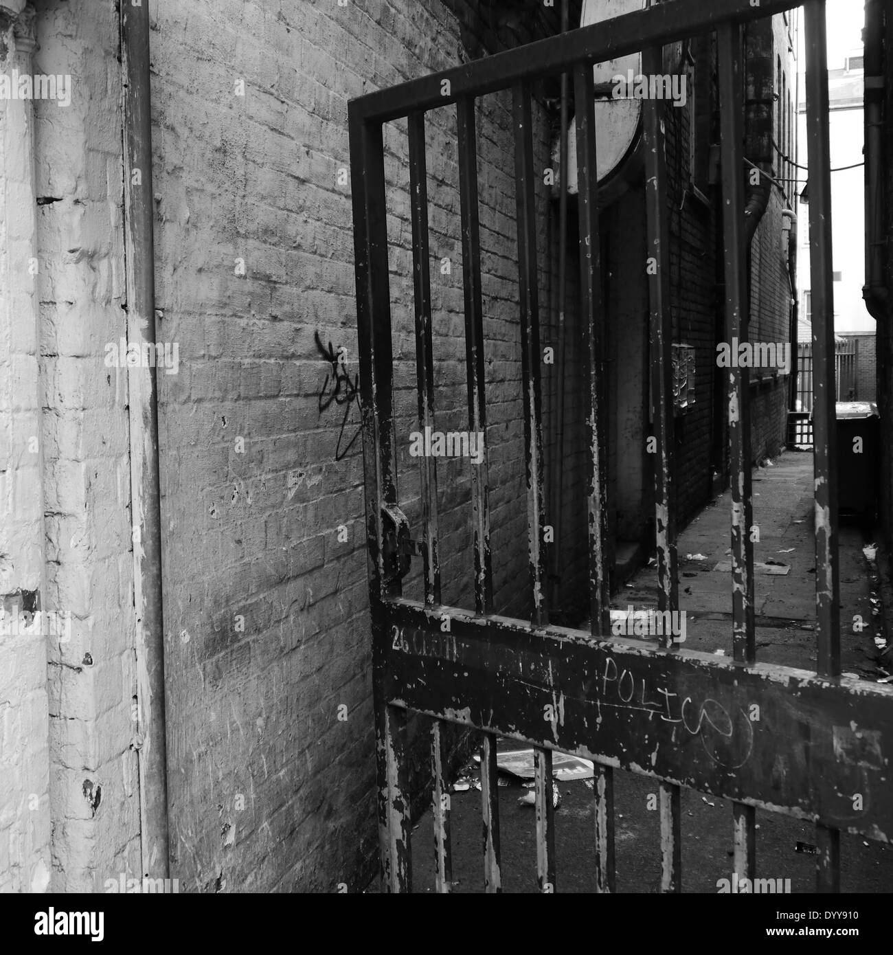 Prevenzione della criminalità: open metal cancello di sicurezza apposti per locali commerciali, Newcastle upon Tyne, England, Regno Unito Foto Stock